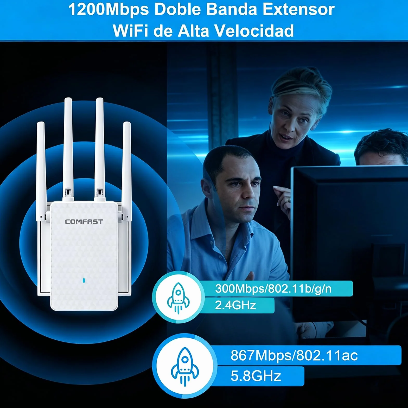 COMFAST Repetidor WiFi, AC1200M Amplificador Señal WiFi, 2.4/5 GHz Amplificador WiFi Potente con Puerto Ethernet, 4 Antenas Externas, Extensor de WiFi para Casa y Oficina, WPS, Repetidor/Router/Ap
