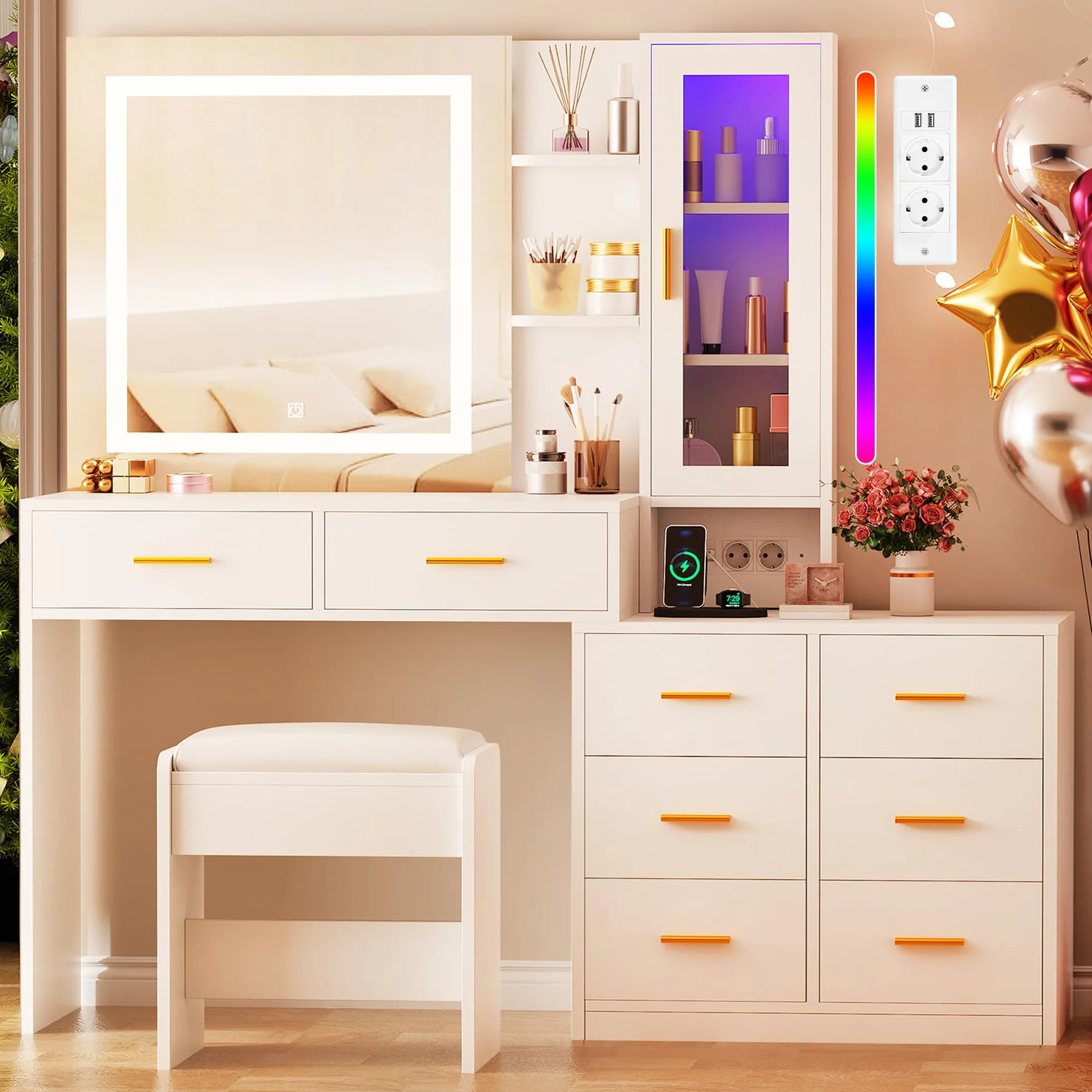 ANWBROAD Grande Tocador de Maquillaje con Luz LED y Enchufes 3 Colores Brillo Ajustable Mesa de Maquillaje con 8 Cajones Blanco BDT77W