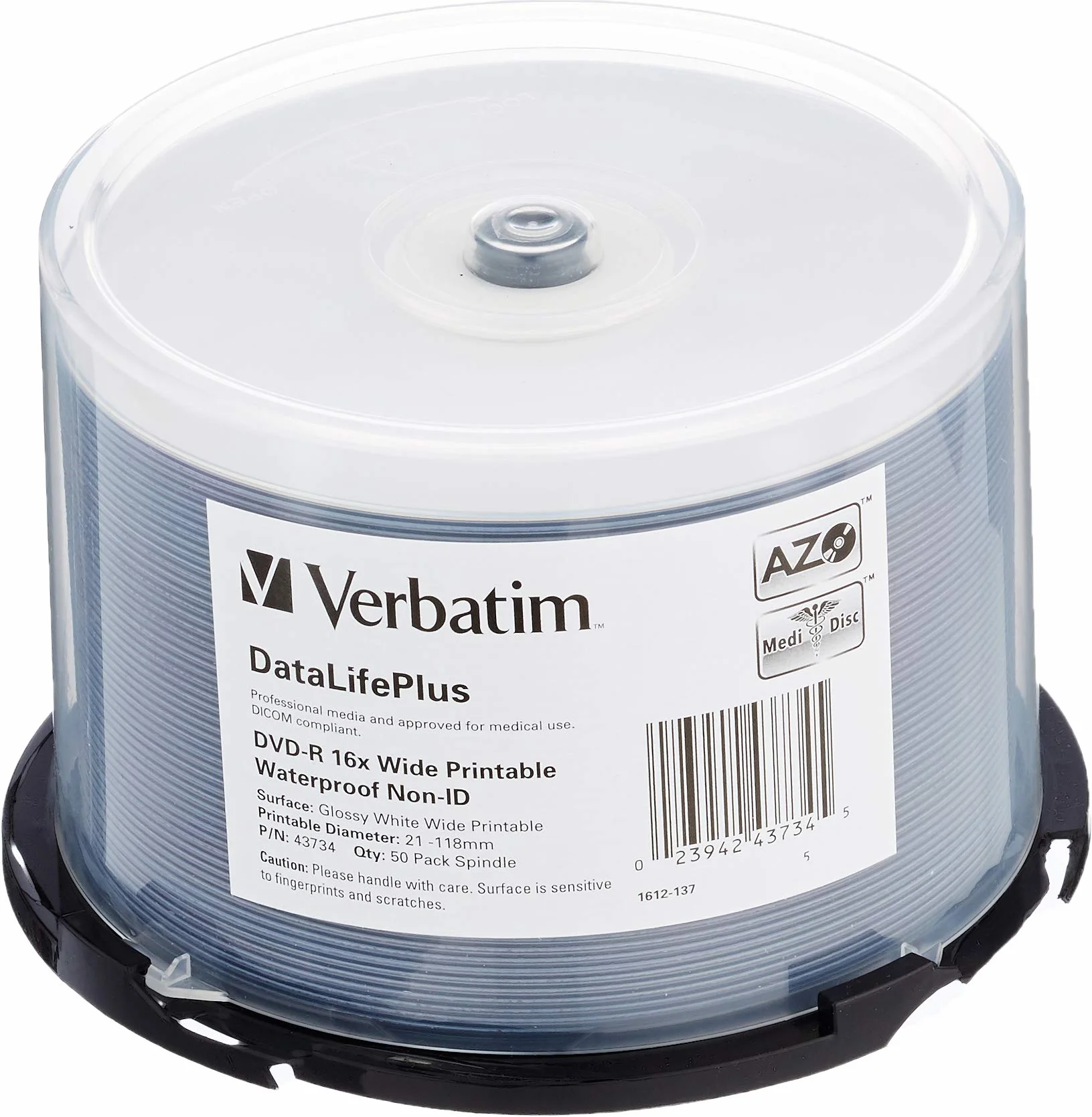 Verbatim DVD-R 16x Wide Printable Waterproof No ID Brand, Eje, incluye 50 DVDs