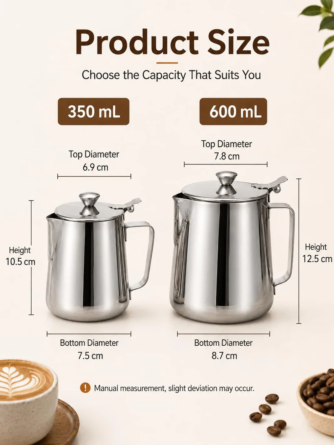 VOBOR Jarra de Espuma de Leche Acero Inoxidable 350ML Vaso Espumador para Capuchino Espresso Latte