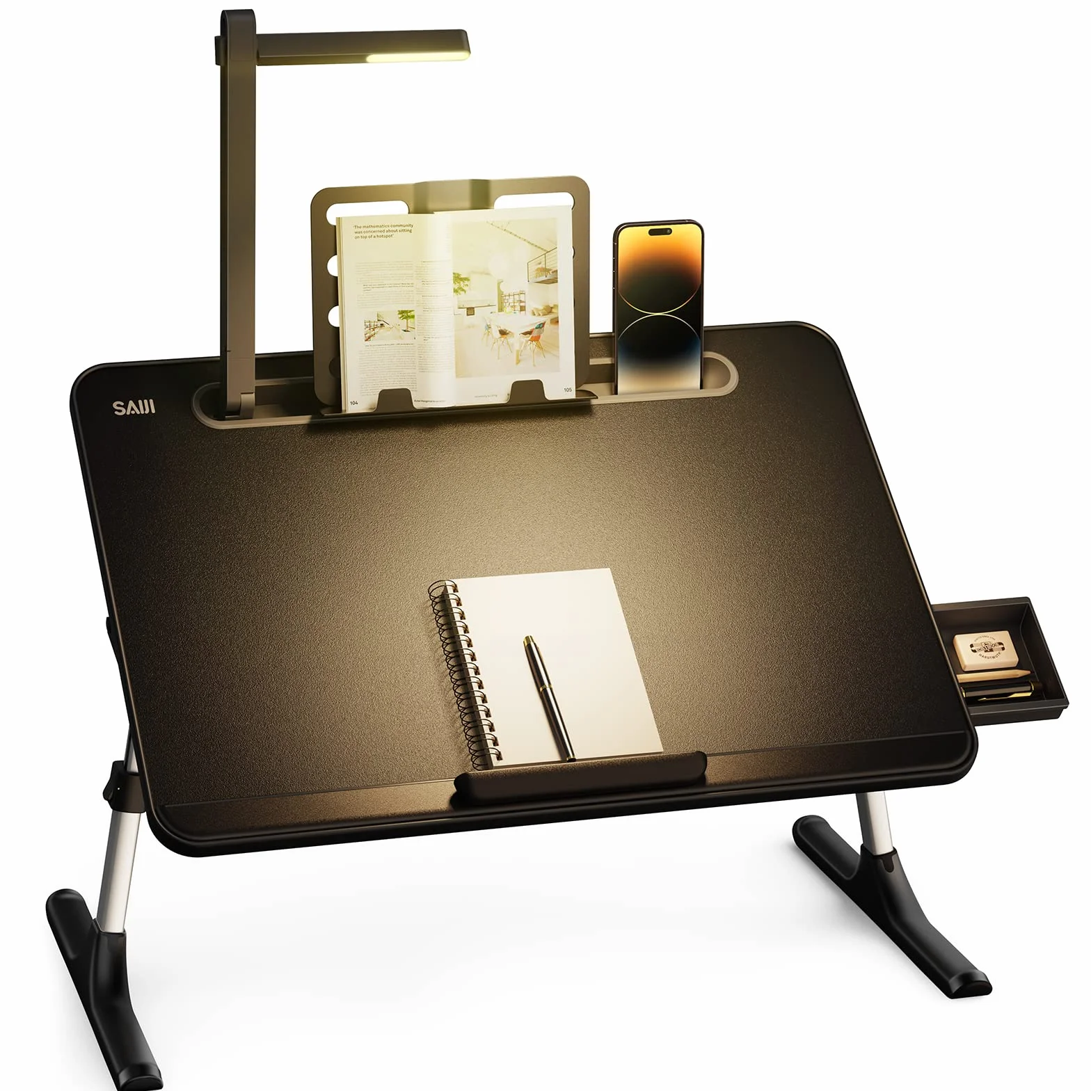 Bandeja de Ordenador portátil, SAIJI LED Mesa de luz, ángulo de Altura Ajustable, con Soporte para Libros, cajón, Tapa del Ordenador portátil, Soporte de la Tableta, para Sofá Suelo, Negro