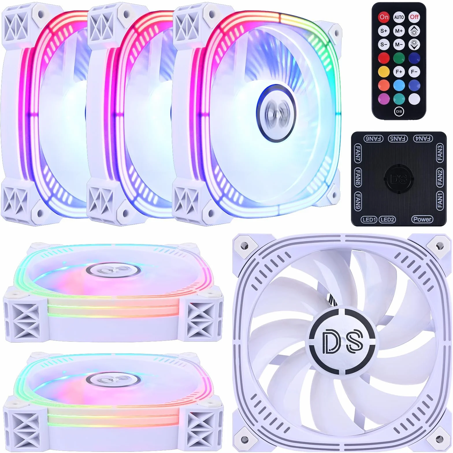 DS Ventiladores LED RGB direccionables de 120 mm con control remoto de 6 pines para carcasa de PC blanca, enfriador de CPU, sistema de radiadores (ventiladores RGB paquete de 6, serie G)