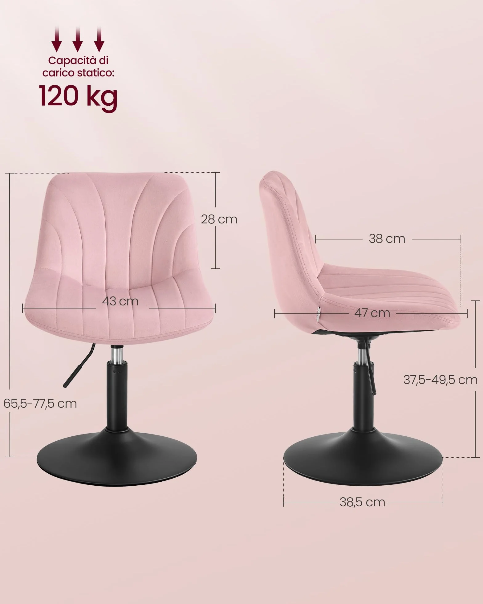 VASAGLE Taburete Tocador con Respaldo Altura Regulable Giro 360° Terciopelo Rosa Jalea