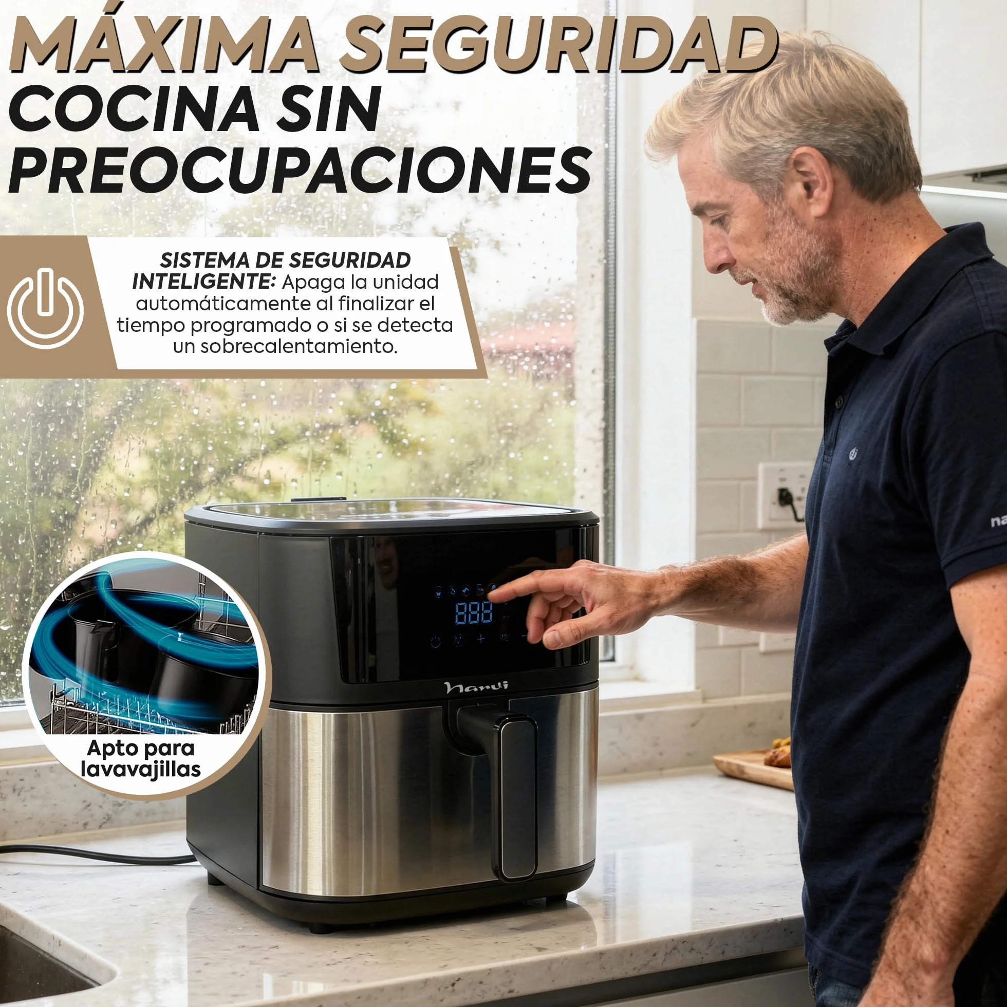 Air Fryer Narvi 1700W 8L XXL Digital Panel 7 Menus 360° 60 Min 80-200°C Acero Inoxidable Sin BPA
