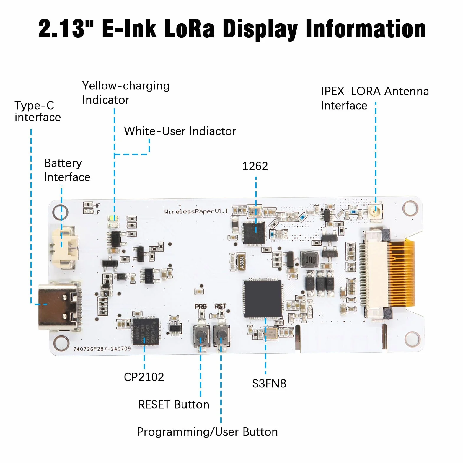 2.13" E-Ink Lora Display Binghe 2.13" E-Ink Lora Display con ESP32-S3 Lora Placa de Desarrollo con Placa acrílica/Cable de batería/Antena Soporte WIFILORA Bluetooth Compatible con Arduino