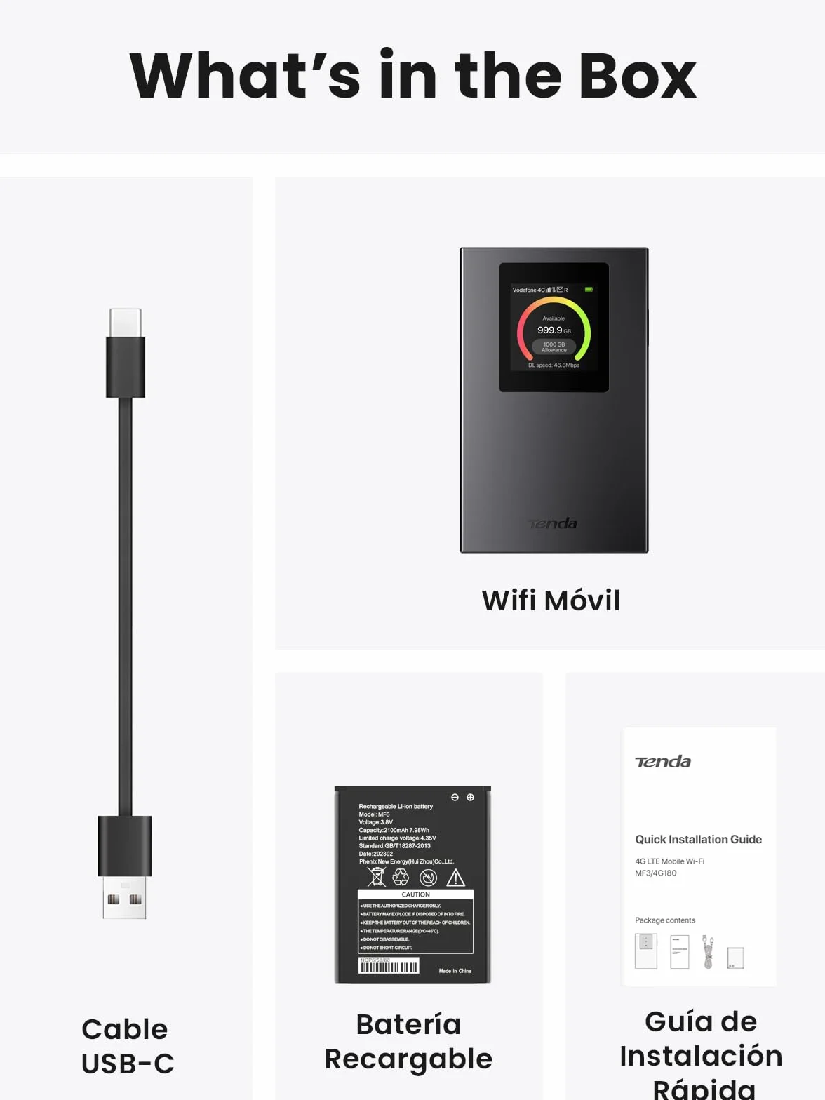Tenda MF6 Router 4G SIM Móvil Portátil CAT4 WiFi6 AX300 MiFi 2100 mAh USB-C WPA3