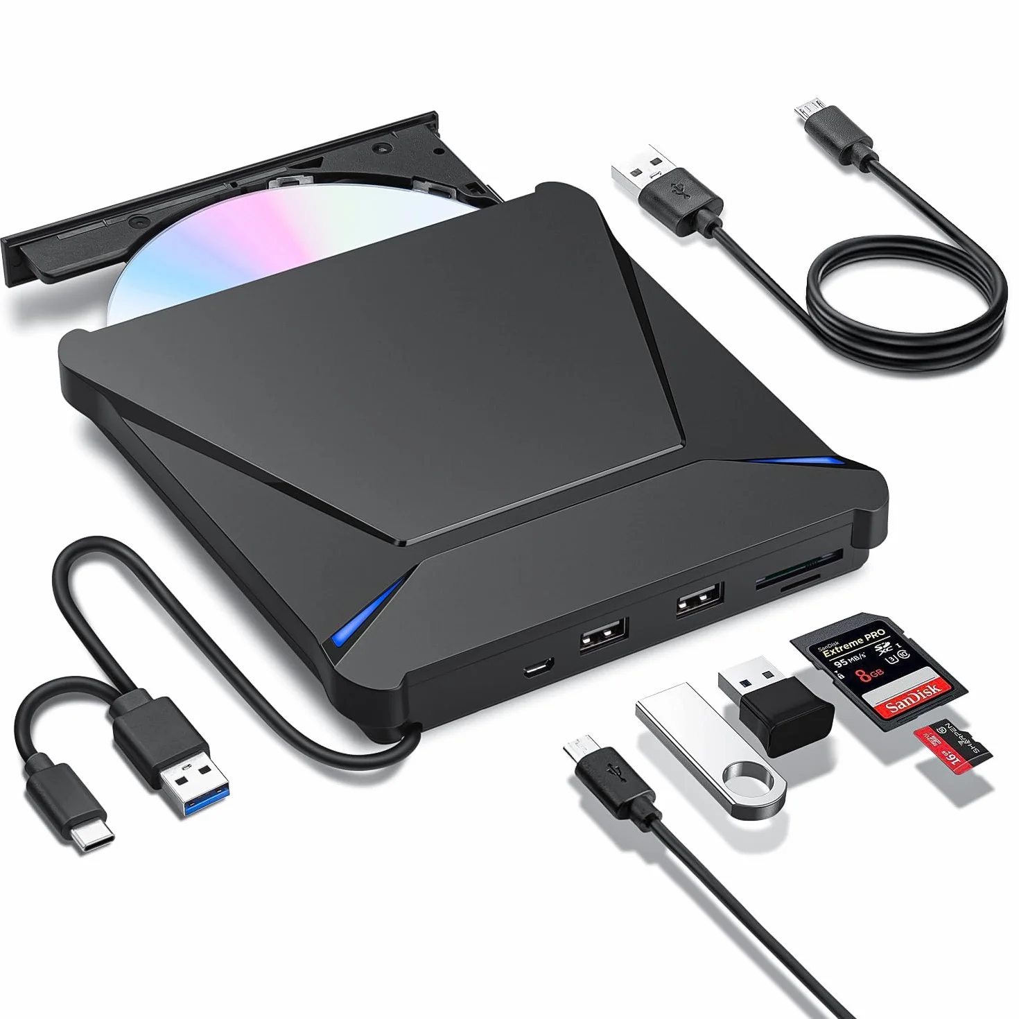 Haiway Unidad de DVD externa, USB 3.0 tipo C, portátil, grabadora de CD y DVD, con 2 puertos USB 3.0 y ranuras para tarjetas TF/SD, unidad óptica para ordenador portátil, Mac, PC Windows