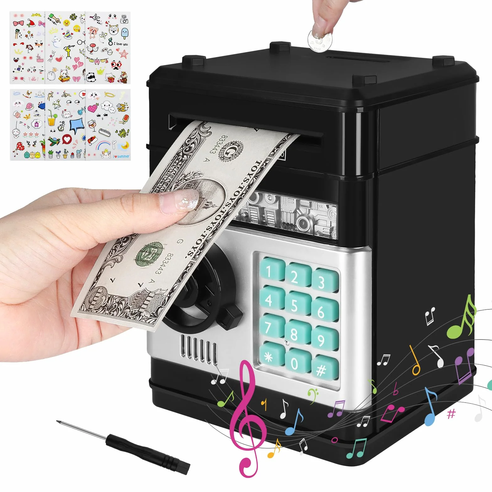 UCAMP Hucha electrónica para niños,Cajero Automático Digital con Contraseña y Recepción Automática de Dinero,Incluye 6 Pegatinas,Destornillador,Regalo para Niños y Niñas de 3 a 12 Años (Negro)