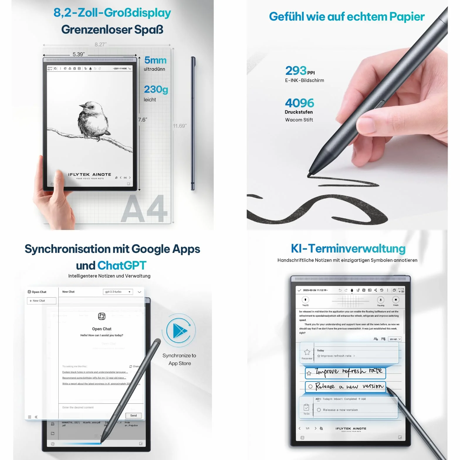 iFLYTEK AINOTE Air 2 de 8,2" Tableta de Tinta electrónica Toma de Notas y Papel Digital con lápiz óptico, grabación con IA, transcripción multilingüe, Lectura y gestión de tareas – Gris