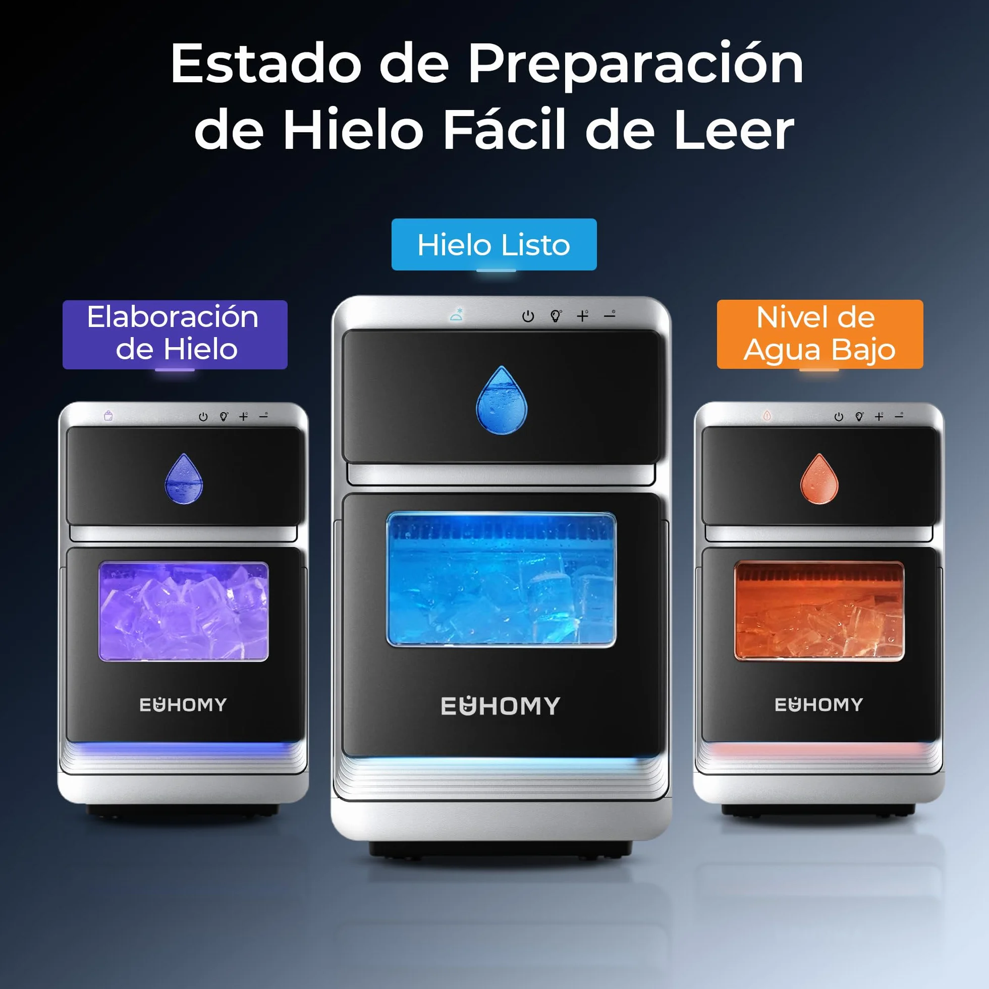 EUHOMY Maquina de Hielo, 1600 Cubos Al Día, Listo en 12 Min, Limpieza Automática, Negra