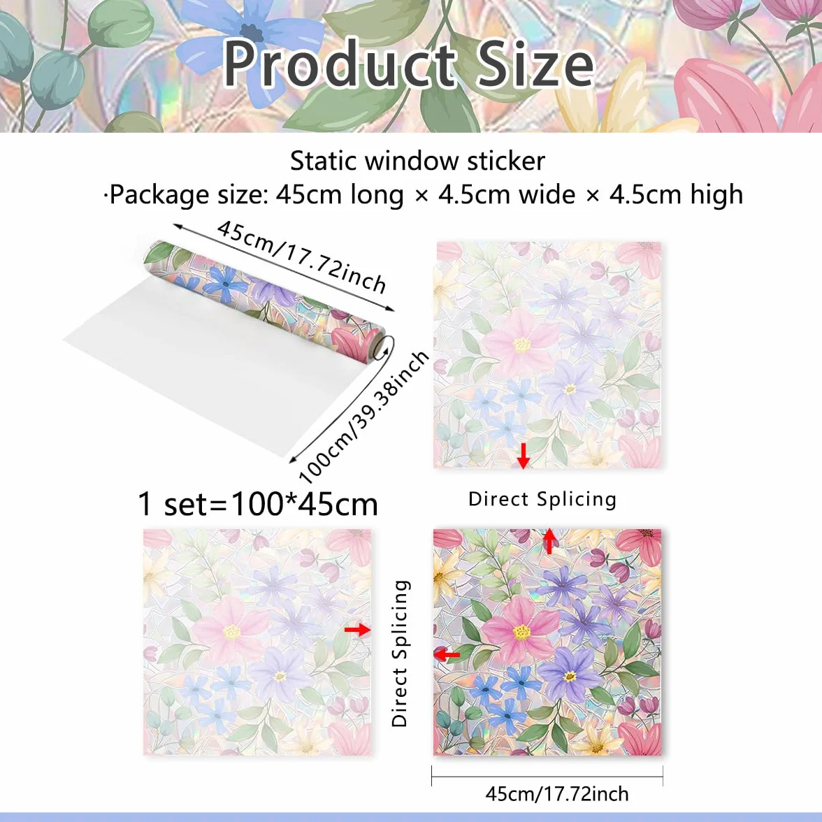 Runtoo 3D Vinilo Decorativo Vidrieras de Jardín Película de Privacidad para Ventana, Hojas Florales, Arcoíris, 17 x 40 Pulgadas