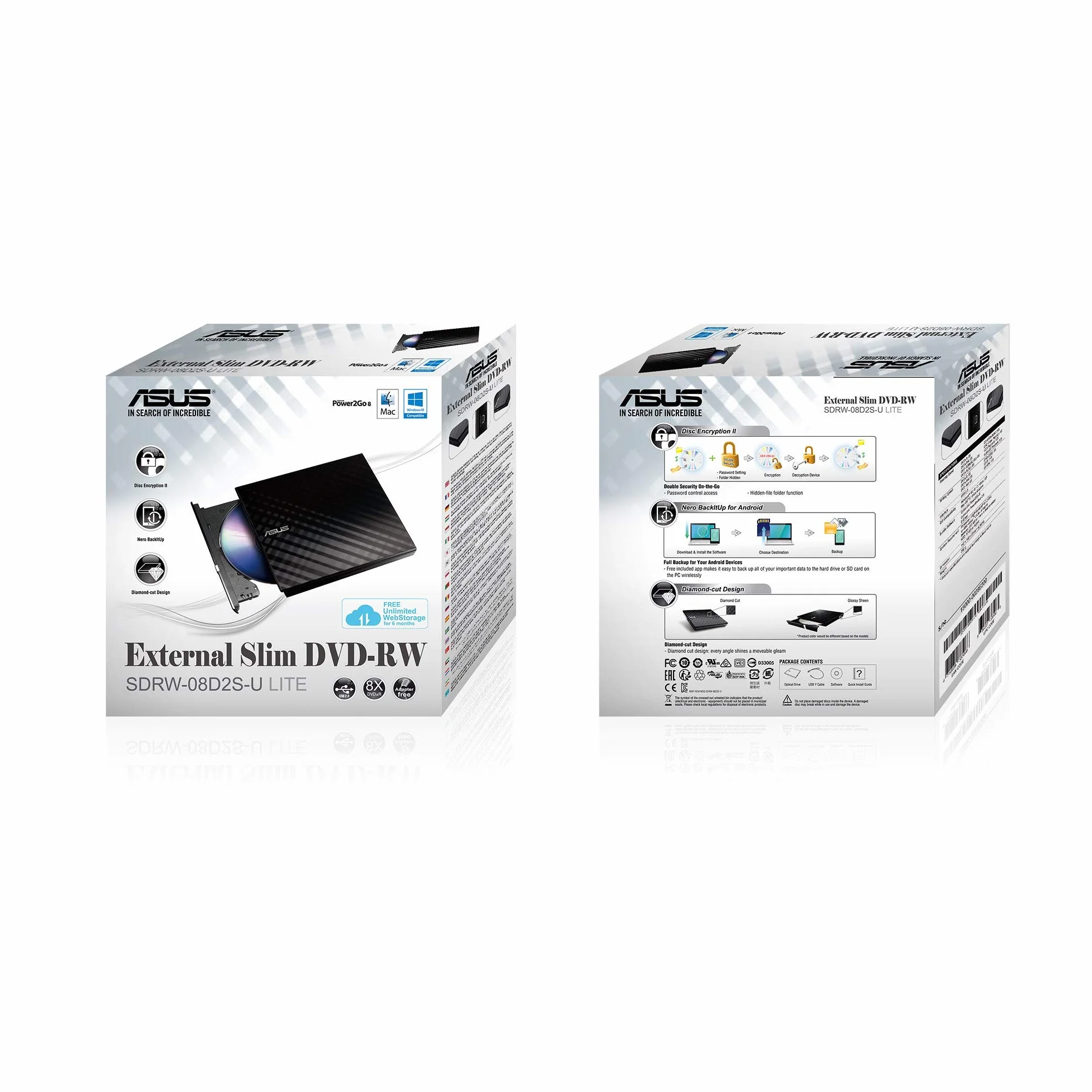 ASUS SDRW-08D2S-U LITE - Grabadora externa de DVD 8X, compatible con Mac y M-DISC, encriptación de disco, almacenamiento web ilimitado (12 meses), NERO Backitup, E-Green, E-Media