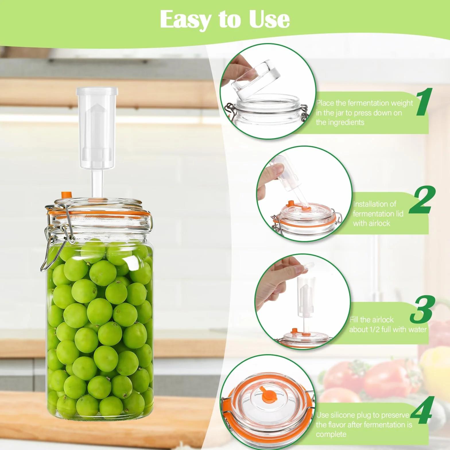 Tarros de Fermentación 1000ml con Cierre de Aire y Pesos, Cristal Transparente para Kimchi, Kombucha
