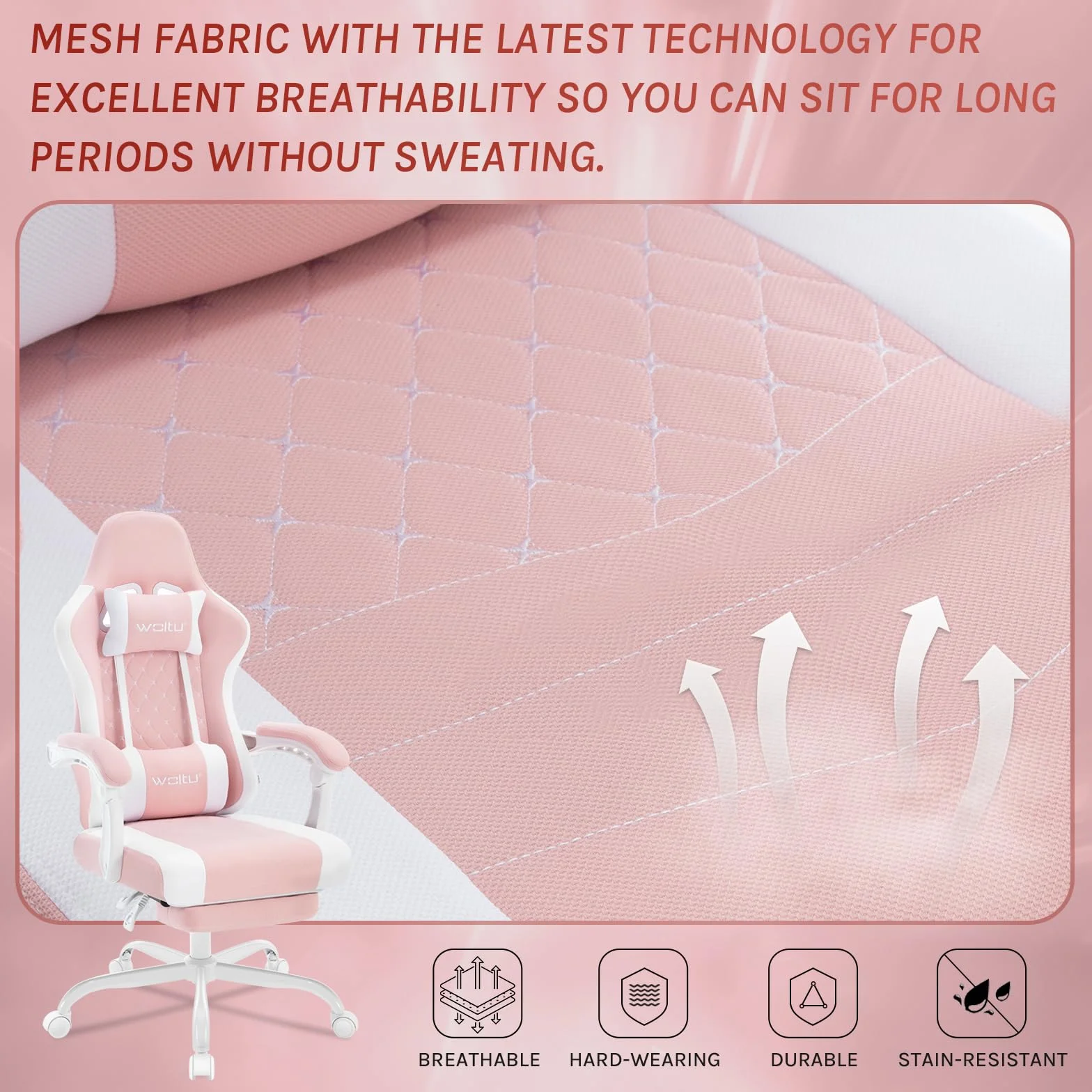 WOLTU Silla de Gaming Ergonómica, Soporte Lumbar Masaje, Reposapiés Extraíble, 150 kg, Malla, Rosa+Blanco