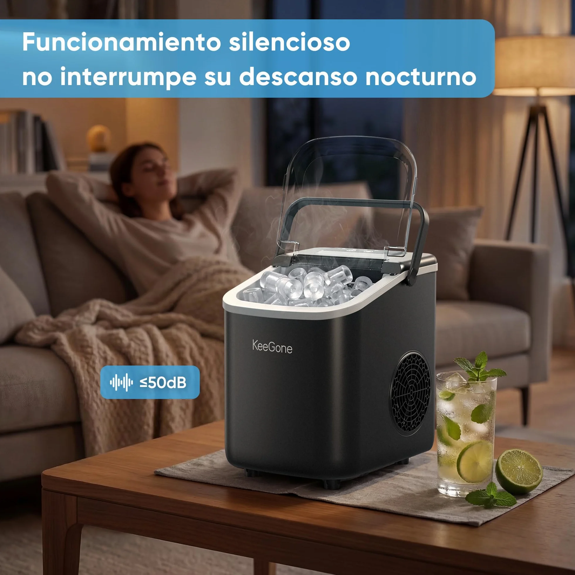 Máquina de cubitos de hielo pequeña 1,2 L 9 cubos 6 min 10 kg/24 h negro con mango portátil