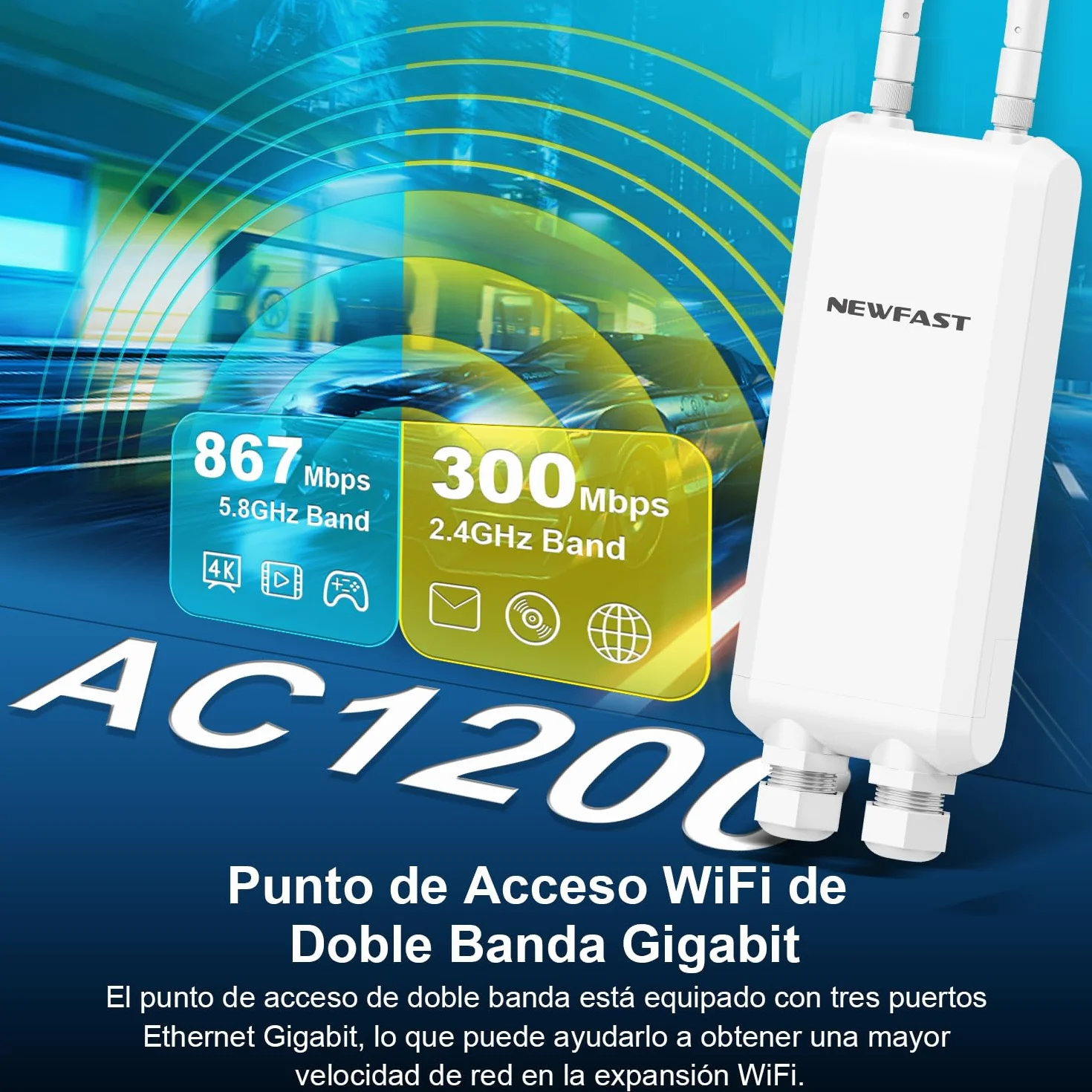 NEWFAST 1200Mbps Repetidor WiFi Potente Exterior Largo Alcance Doble Banda 2.4GHz/5GHz con 48V PoE Power, 3*Puerto Gigabit Ethernet, 2 * 5dBi Antena, Amplificador de Señal WiFi Exterior IP66