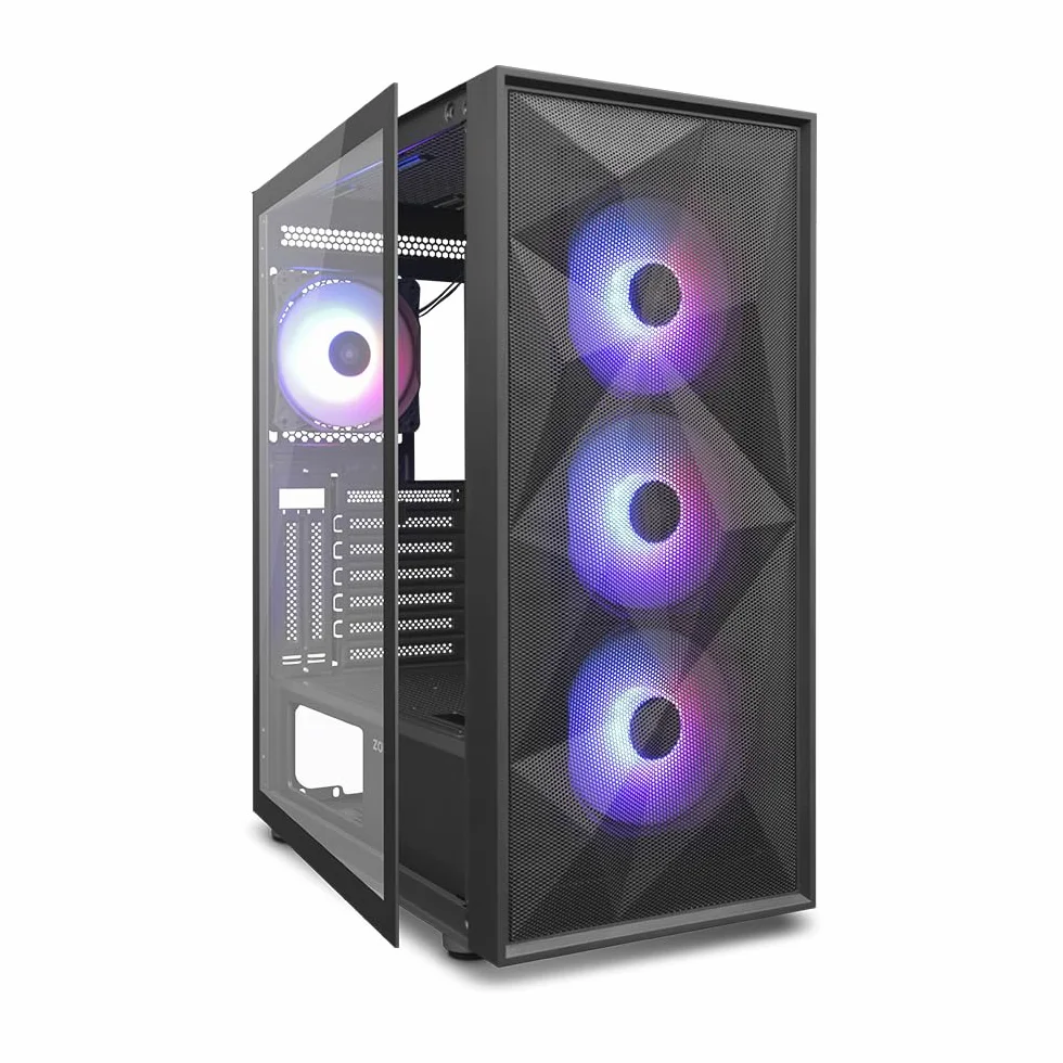 Zolyd Radion - Caja Gaming ATX, Ventana Lateral Completa en Cristal Templado, 4 Ventiladores ARGB incluidos, Frontal Mesh, Soporte Refrigeración Líquida hasta 340mm, Espacio Interno Optimizado, Negro