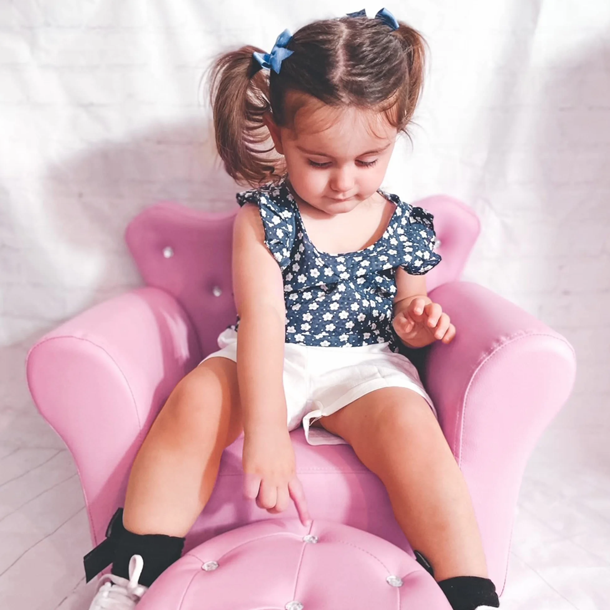 HOMCOM Sofá Infantil con Reposapiés, Sillón Decorativo Respaldo Corona, 58x40.5x49 cm Rosa