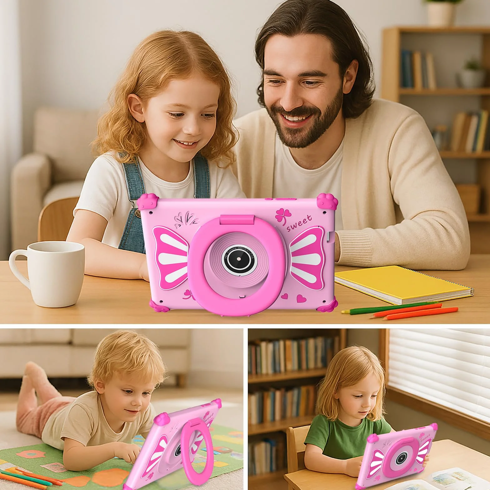 ascrecem Tablet Niños 7 Pulgadas Android 15 Tablet para Niños con 2.4G+5G WiFi6 Penta Core 6GB RAM 32GB ROM Tableta Infantil Doble Cámara 128GB Expandible Control Parental Juegos Educativos (Rosa)