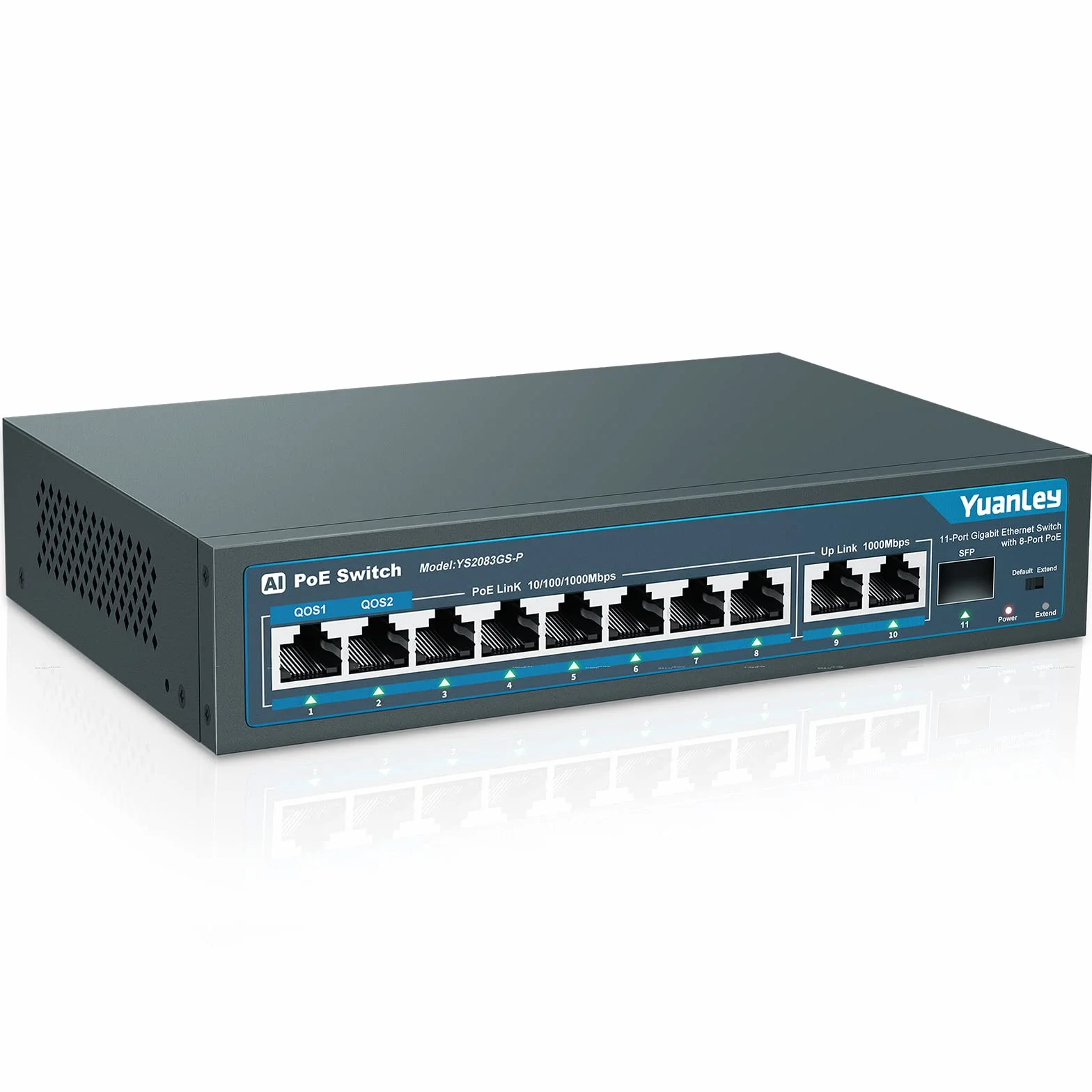 YuanLey 11 Puertos PoE Gigabit Switch, 8 Puertos PoE+, 2 Gigabit Uplink, 1 Puerto SFP, 120W 802.3af/at, Metal, Qos, Conmutador Ethernet de Detección Inteligente AI Plug and Play no Administrado