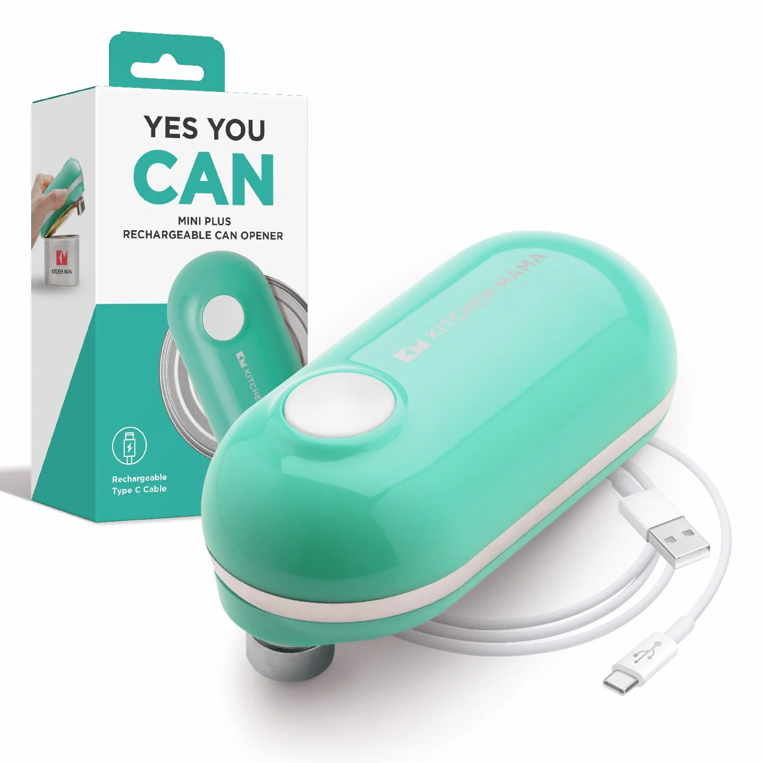 Kitchen Mama Mini Plus Abrelatas eléctrico recargable compacto carga tipo C manos libres apagado automático Verde azulado
