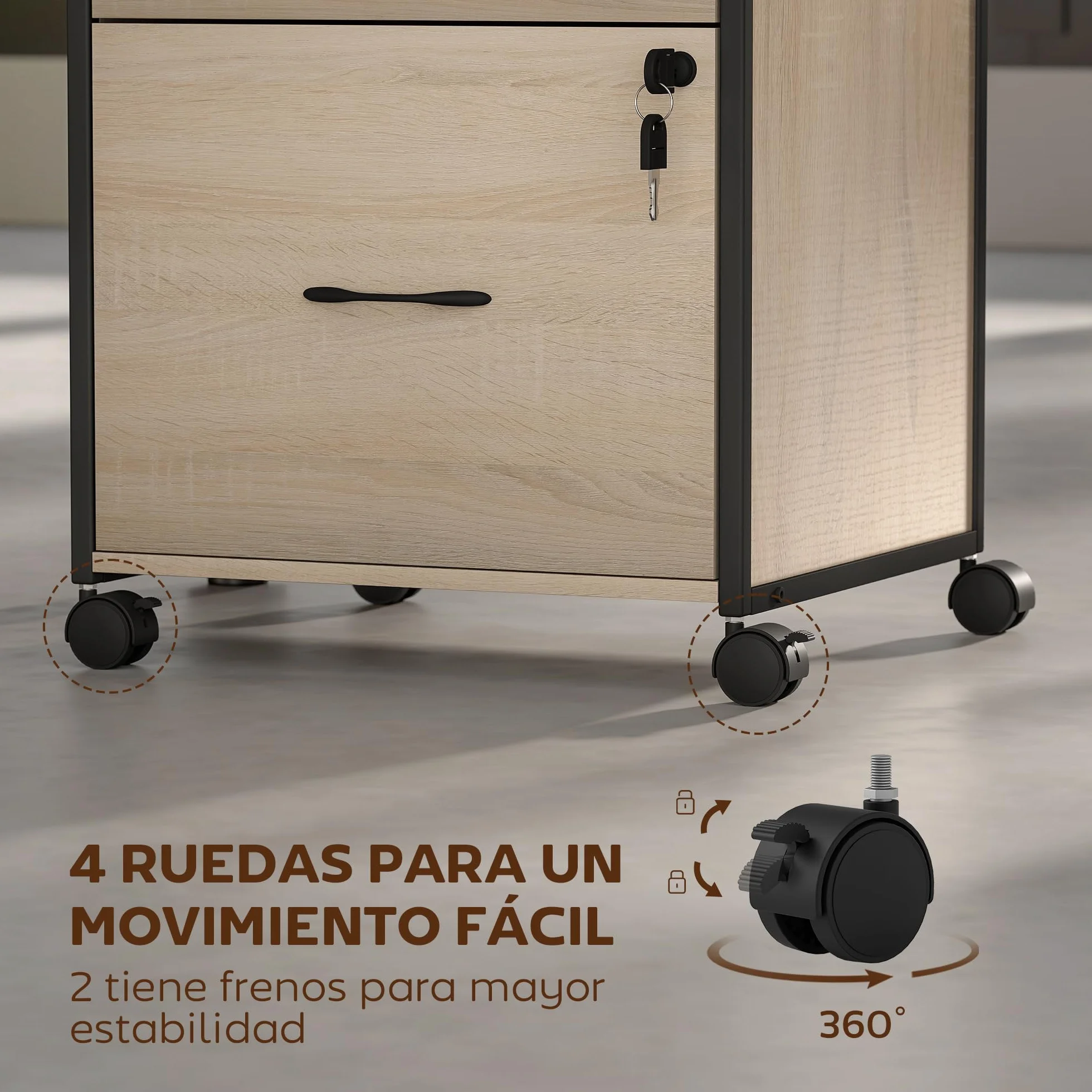 Vinsetto Cajonera Oficina 2 Cajones con Ruedas Barra Colgante Cerradura Llaves A4 Archivador Móvil 44x40x66,5 cm Natural