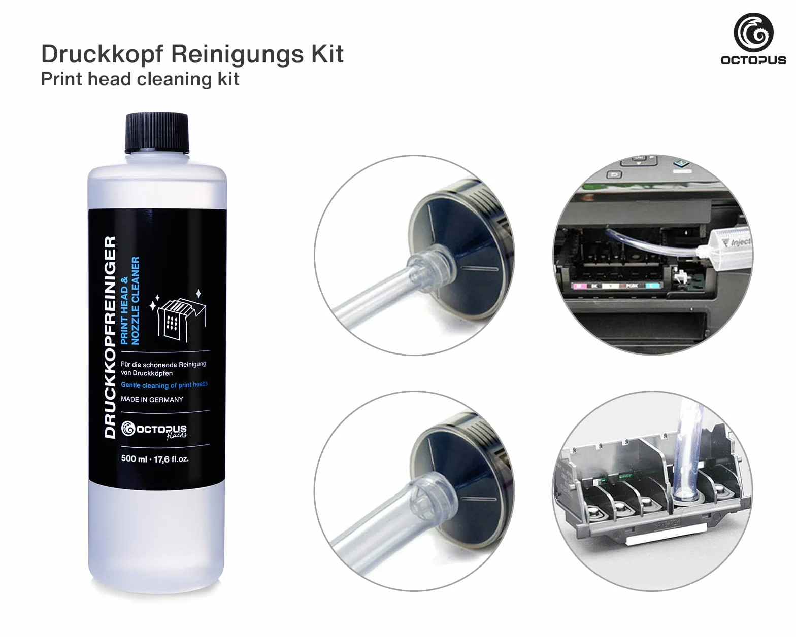 Limpiador de boquillas Octopus 500 ml, limpiador de cabezales de impresión compatible con los cabezales de impresión Epson con adaptador de manguera