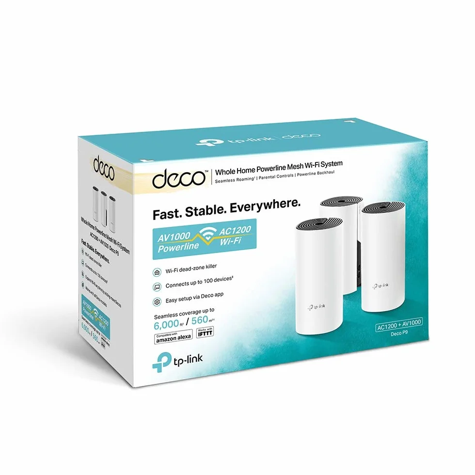 TP-Link Deco P9 (3-Pack) - PLC Mesh Wi-Fi Híbrido con Powerline, Adecuado para Casas Grandes con Paredes Gruesas, Powerline AV1000 + WiFi AC1200, Cobertura hasta 560 ㎡,2xPuerto Gigabit, CPU Qualcomm