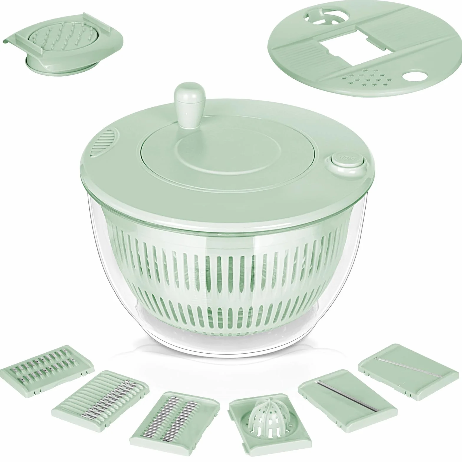 VINATO Centrifugadora Lechuga 4,5L, Mandolina de Cocina Multiusos, Escurridor Verduras para Lavar, Centrifugar y Cortar. Ensaladera con 5 Cuchillas + 1 Accesorio para Zumos.