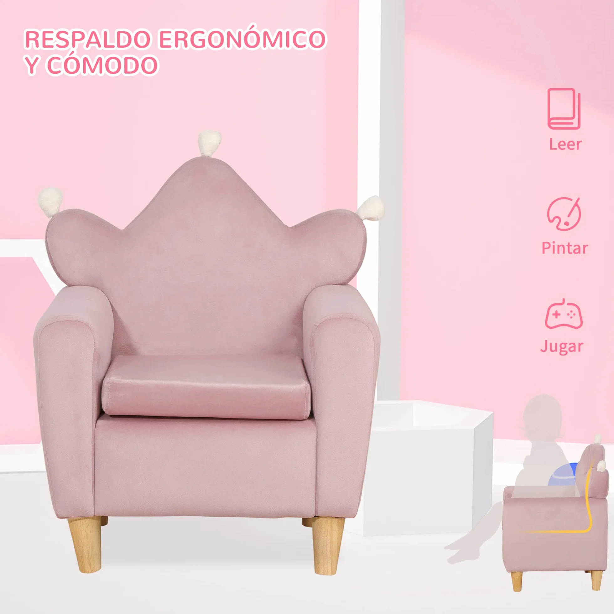 HOMCOM Sillón Infantil Mini Sofá para Niños +3 Años 45 kg 50x42x58 cm Rosa