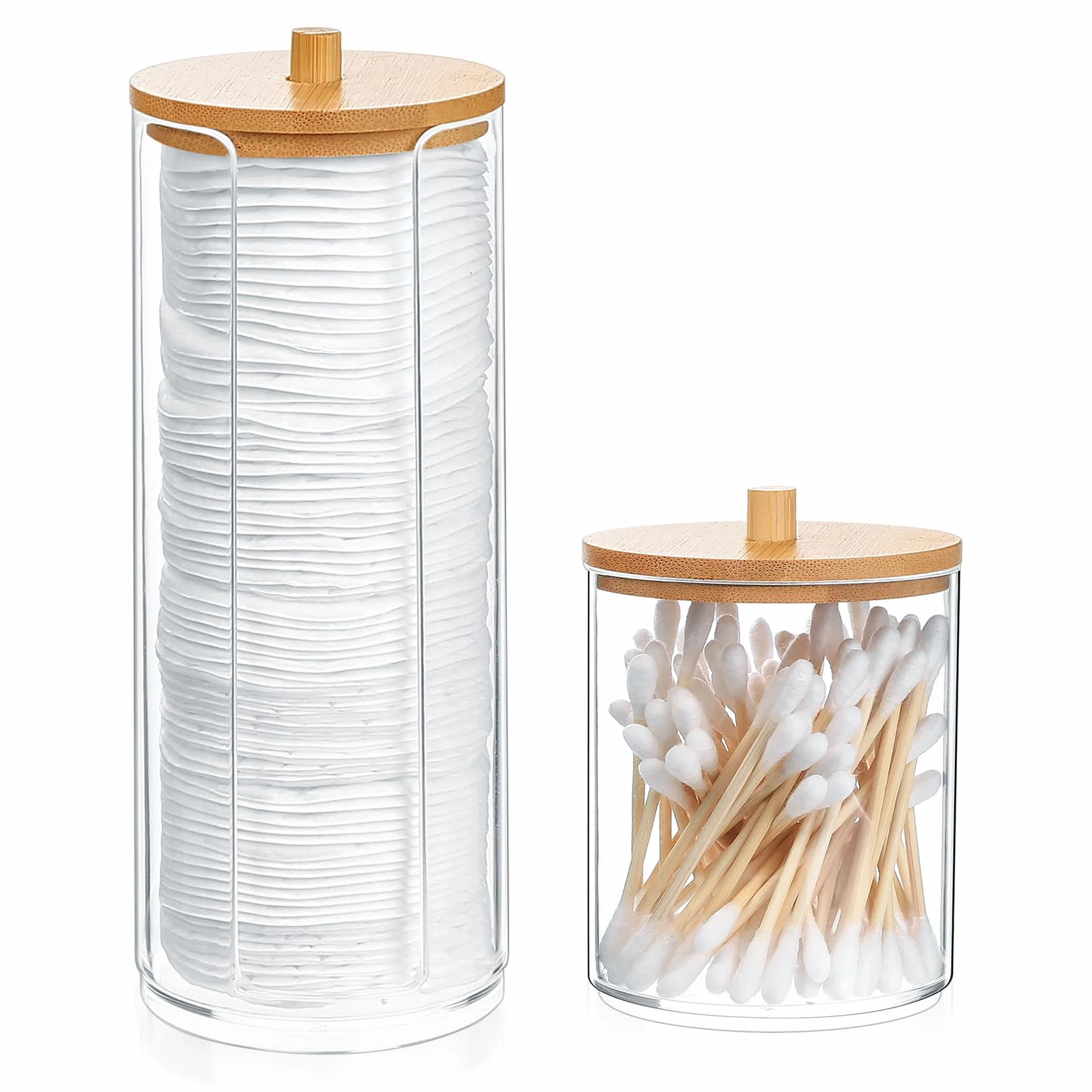 2 Piezas Dispensador Discos Desmaquillantes, Contenedor Soportes de Hisopos, Caja Organizador de Almohadillas Con Tapas de Bambú Para Cosméticos Bolas de Algodón