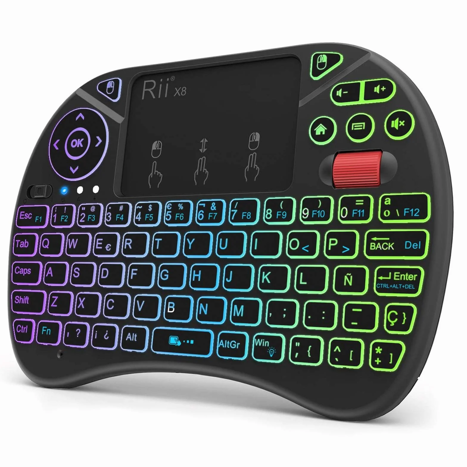 (Nueva versión) 2018 Rii X8 Mini Teclado inalámbrico, Teclado retroiluminado con Pantalla táctil 2.4GHz y Rueda de Scroll, Dispone de 8 Cambios de Color
