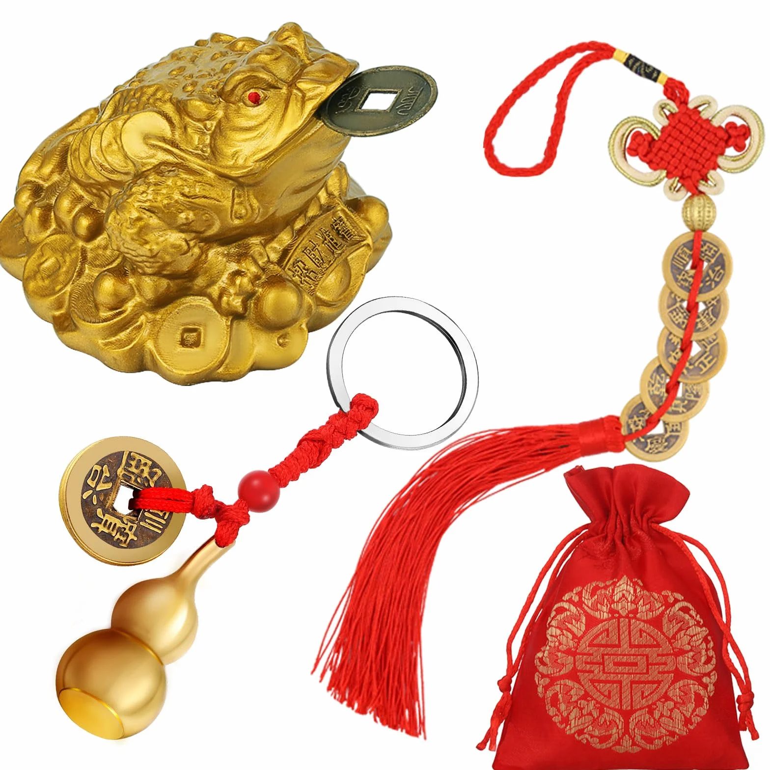 3 Ranas de Monedas de Feng Shui Monedas de Suerte de Nudo Chino Wu Lou de Latón de Feng Shui con Llaveros de Monetas para Seguridad Riqueza Suerte con 1 Tarjeta de Bendición y 1 Bolsa Roja