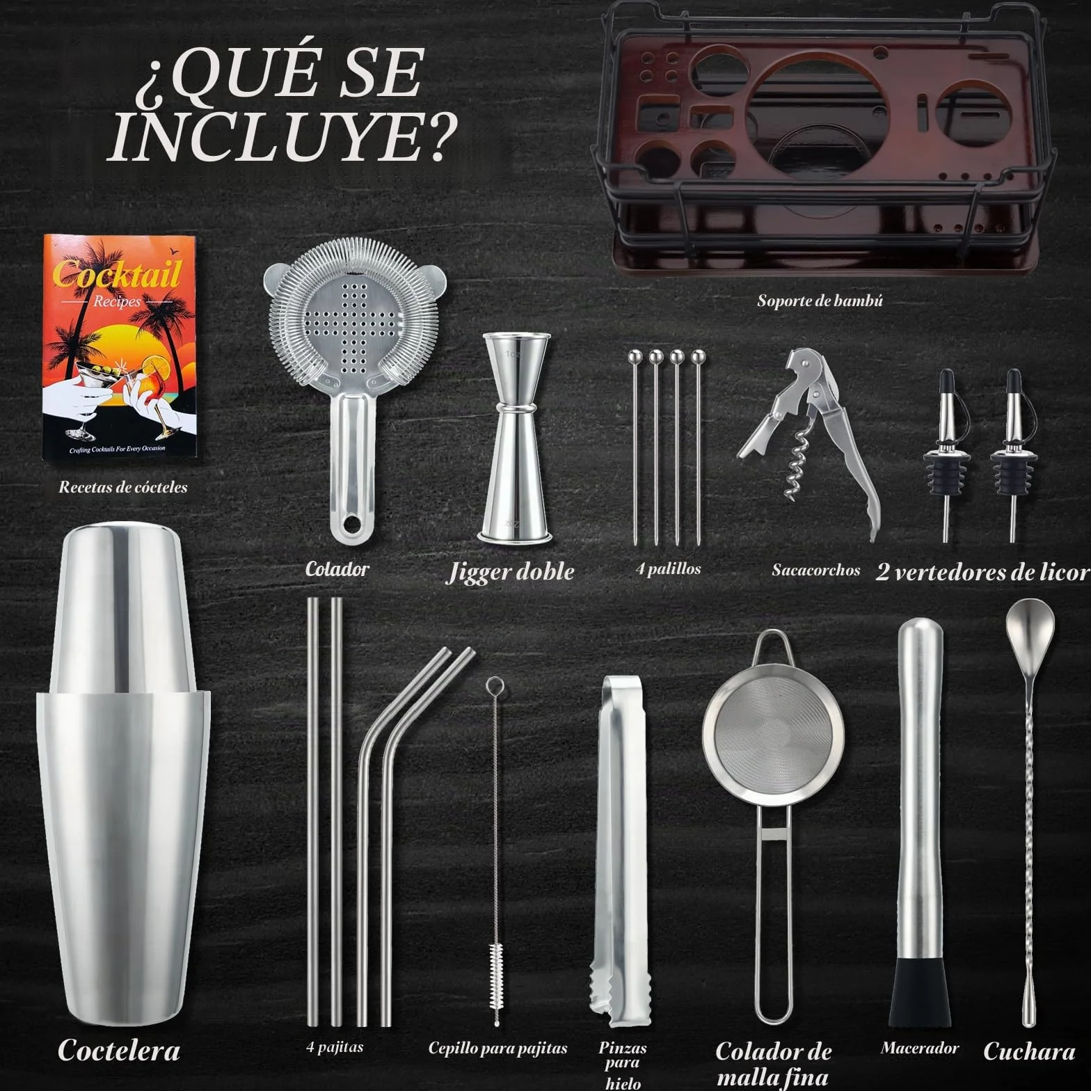 Boston coctelera Kit Completo de 20 Piezas con Soporte, Cocktail Shaker en Acero Inoxidable de 825 ml