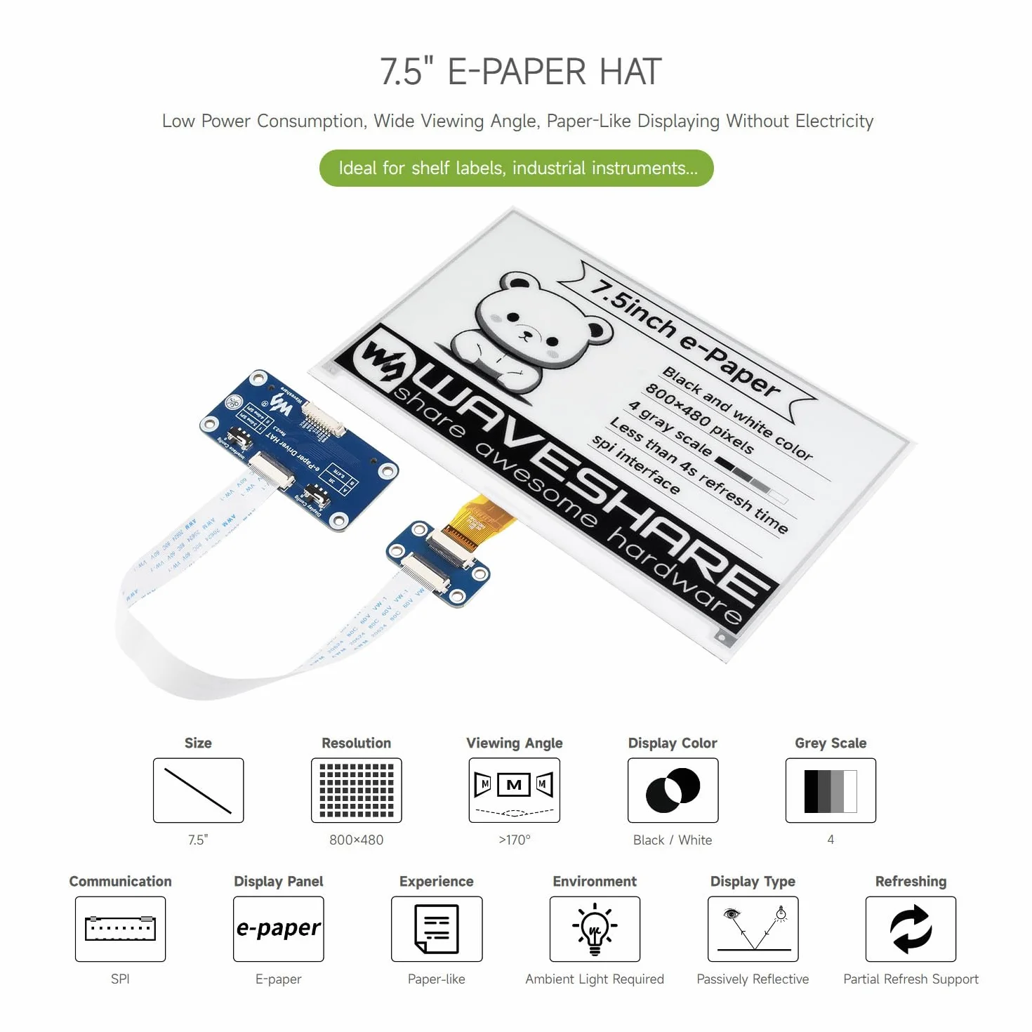 Waveshare 7.5 Inch E-Paper Display Hat Module V2 Kit 800x480 Resolution 3.3v/5v E-Ink Electronic Screen with Embedded Controller SPI Interface Compatible with Raspberry Pi/Jetson Nano/Arduino/STM32