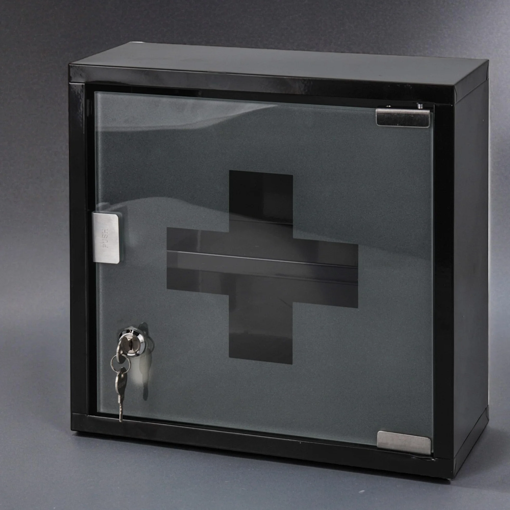 MIJOMA Botiquín de metal con puerta de cristal y estantes, cerradura de seguridad, 2 llaves, montaje en pared, negro 30x30