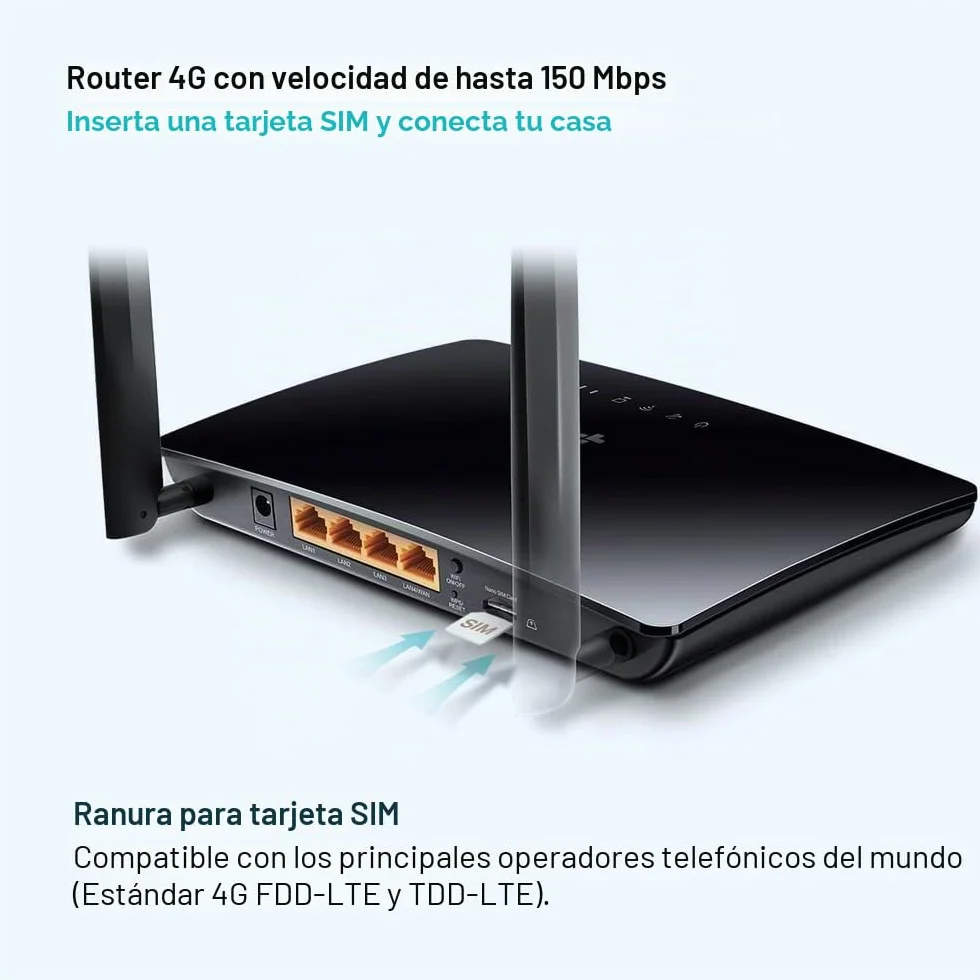 TP-Link TL-MR6400 Router 4G LTE WiFi Cat 4 300 Mbps MicroSim Ethernet LAN/WAN Antena Desmontable Negro