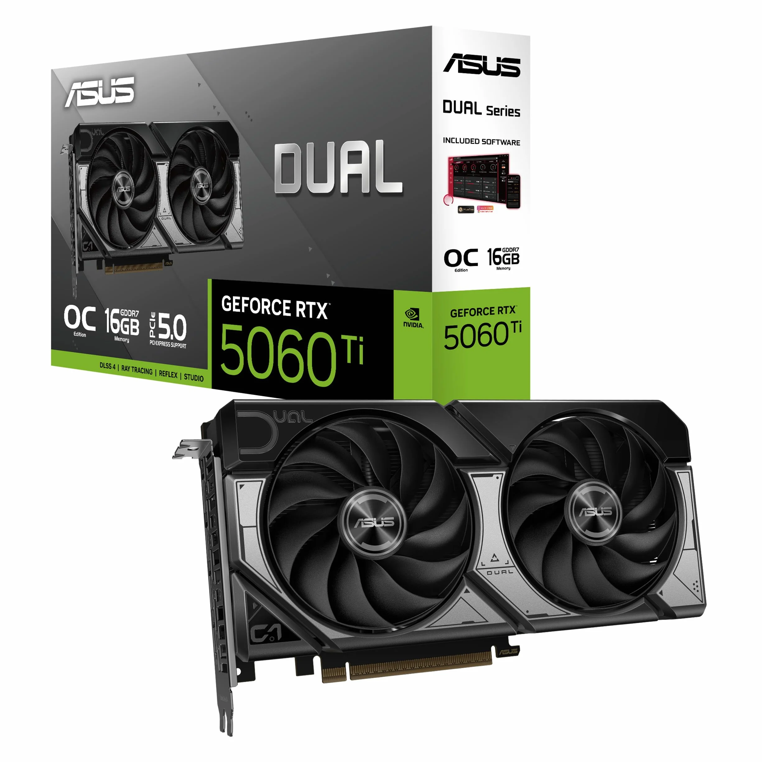 ASUS Dual GeForce RTX 5060 Ti 16GB GDDR7 OC Edition (PCIe 5.0, 16GB GDDR7, DLSS 4, HDMI 2.1b, DisplayPort 2.1b, diseño de 2.5 Ranuras, diseño de Ventilador Axial-Tech, tecnología 0dB)