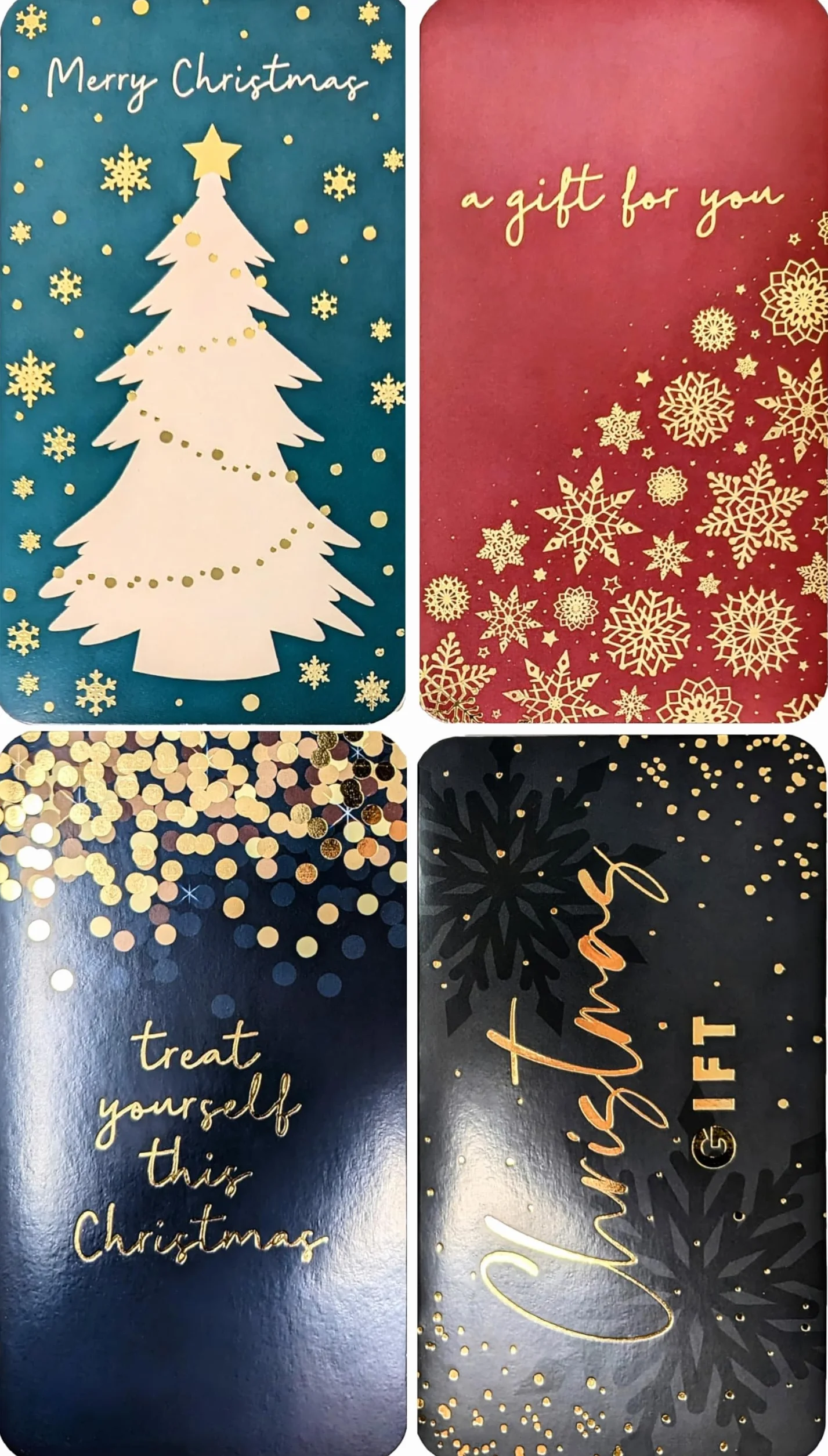 4 carteras tradicionales de Navidad con sobres, soportes para tarjetas de regalo de papel de aluminio de lujo, varios diseños festivos, detalles dorados y en relieve, ecológicas y reciclables, 16 x 9