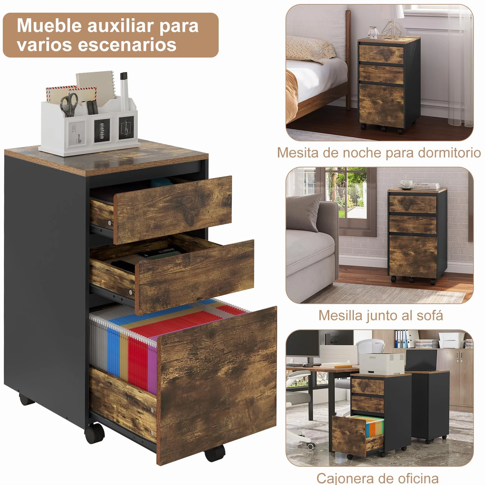 WOLTU Archivador Móvil 3 Cajones Cajonera 5 Ruedas Roble Marrón Negro 40x40x71.5 cm