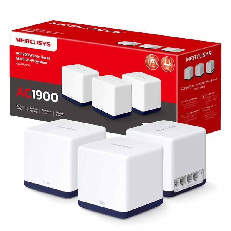 Mercusys HALO H1900G - AC1900 Mesh Wi-Fi, Doble Banda, Cobertura hasta 550 m², 3× Gigabit Puerto por Unidad, MU-MIMO, Beamforming, Control Parental, Smart Connect, 3-Pack