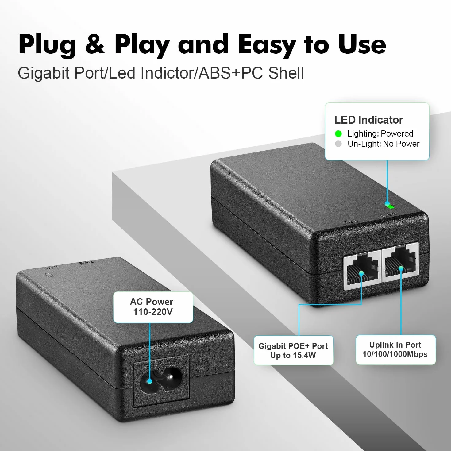 YuLinca Inyector PoE Gigabit 15,4 W, Adaptador PoE 802.3af Power Over Ethernet, 10/100/1000 Mbps, Adaptador no PoE a PoE, Plug & Play, Distancia de hasta 100 Metros