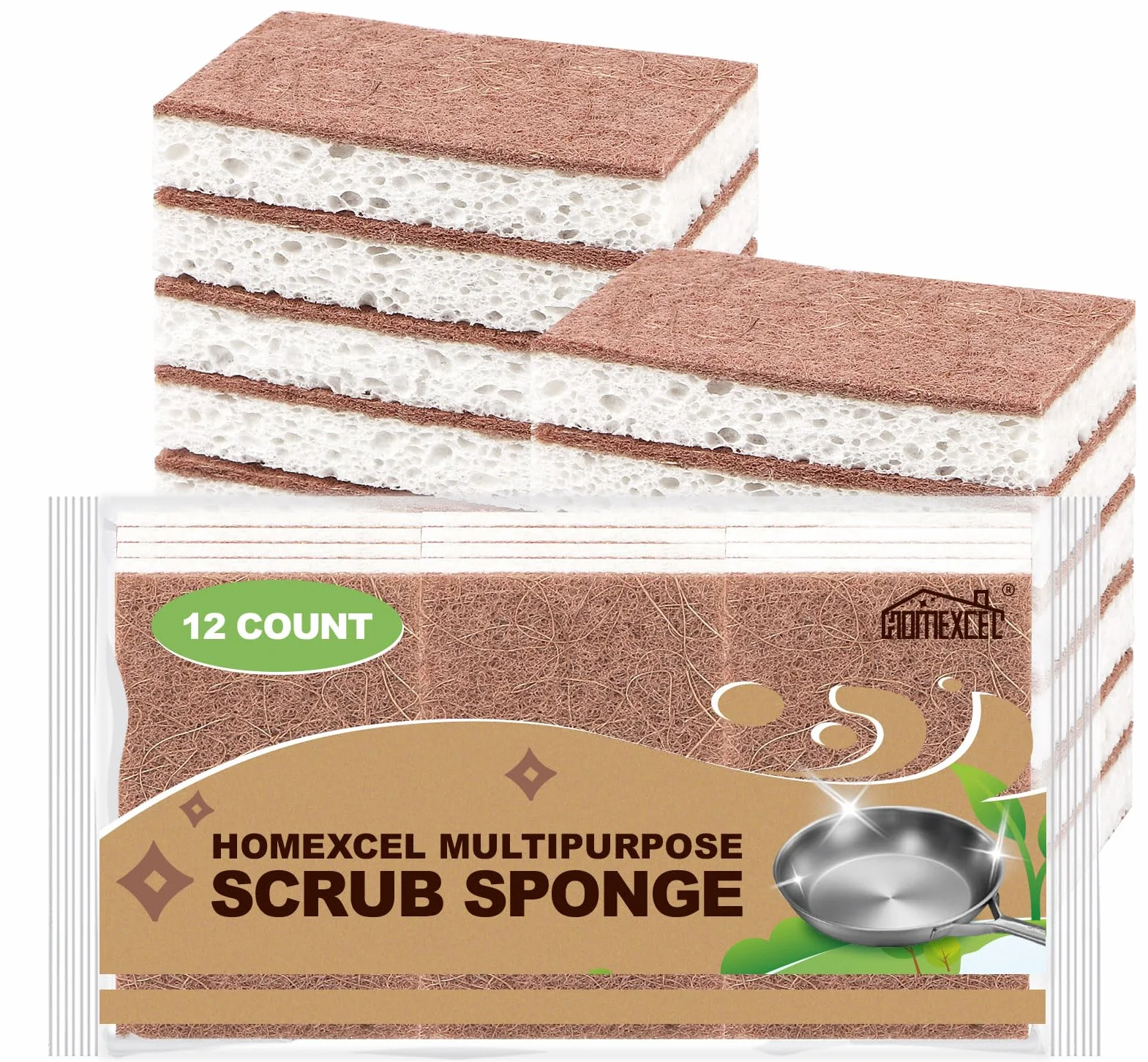 Set de 12 esponjas de cocina naturales HOMEXCEL, doble cara, resistentes a arañazos, celulosa segura para sartenes antiadherentes