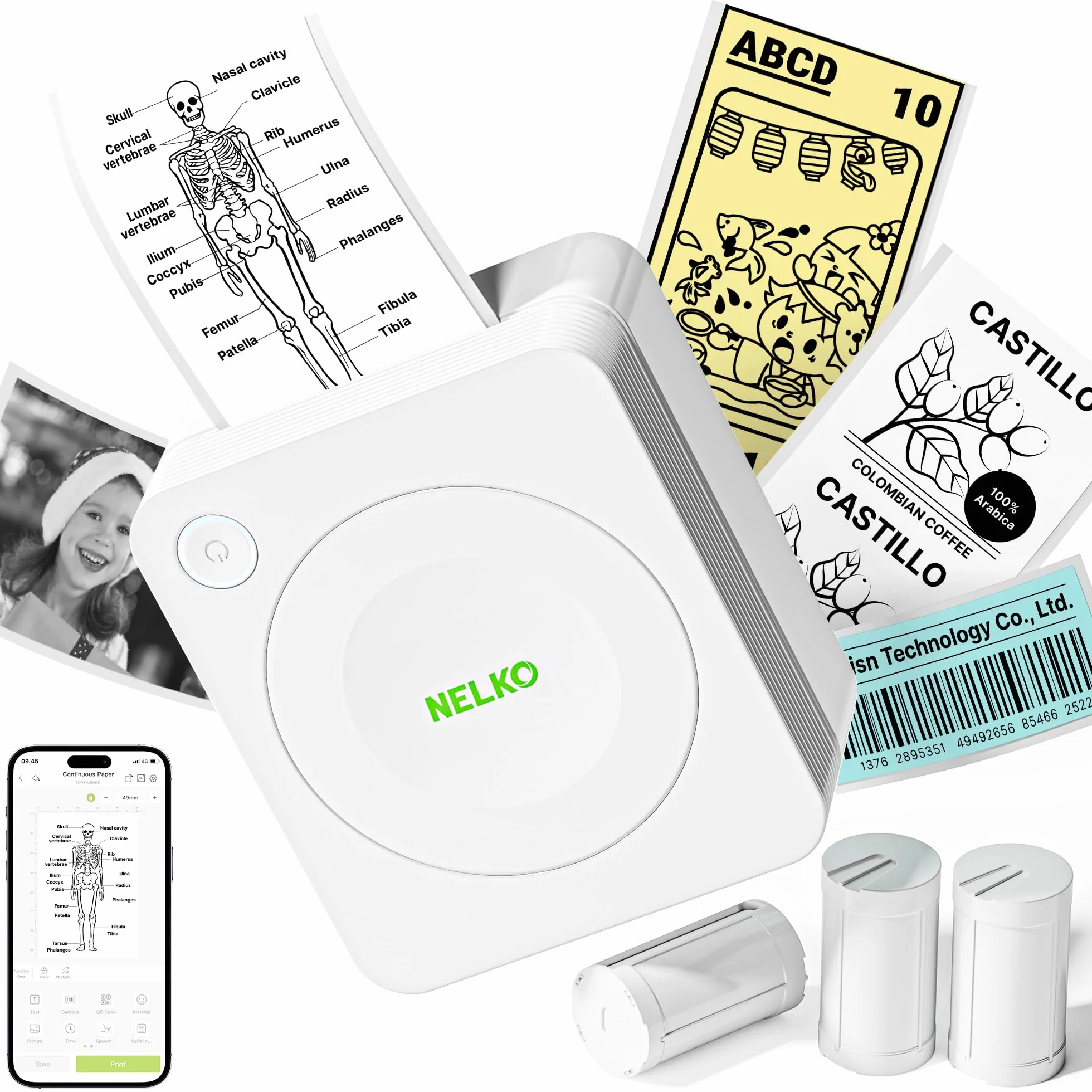 Nelko PM230 Mini Impresora Térmica, Impresora Termica Portatil, Impresora Bluetooth Portatil Inalámbrica, Recargable, con 3 Rollos Papel - para Fotos, Notas, Pegatinas Móvil - iOS/Android