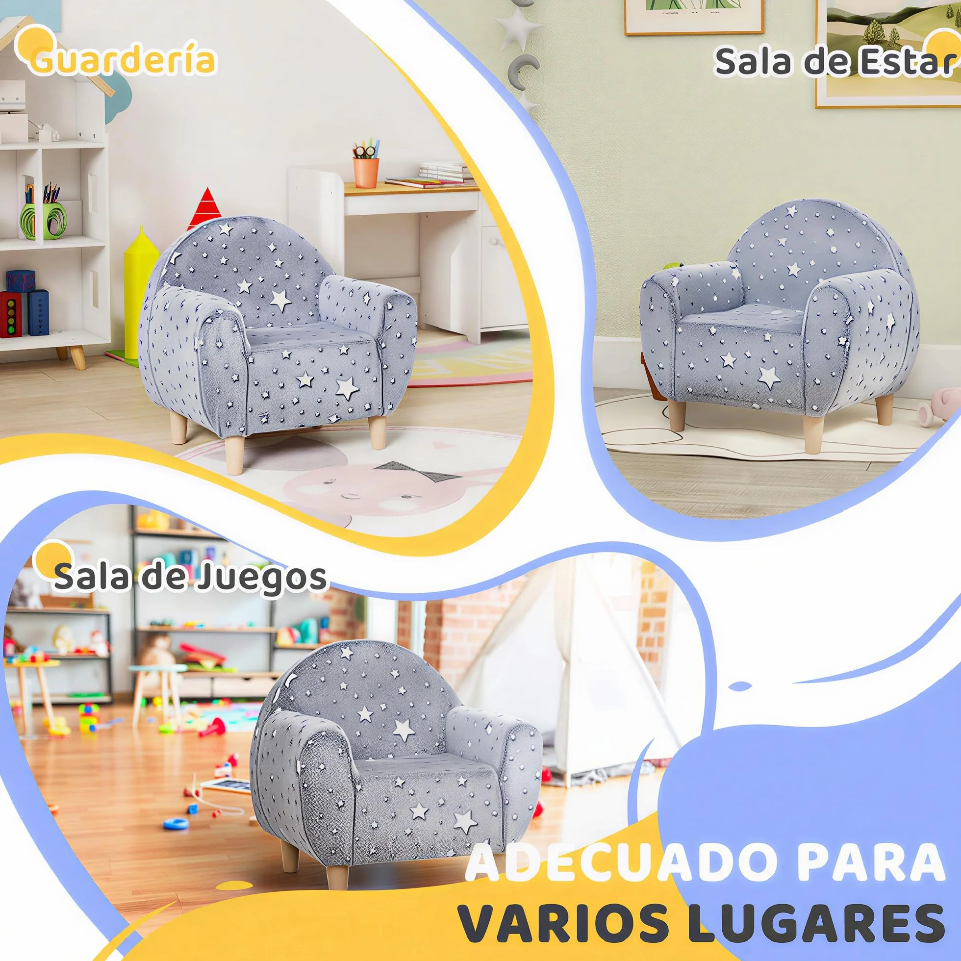 AIYAPLAY Sillón Infantil con Reposabrazos Estrellas Brillan Oscuridad Sofá Niños 18-36 Meses Terciopelo 45 kg Gris