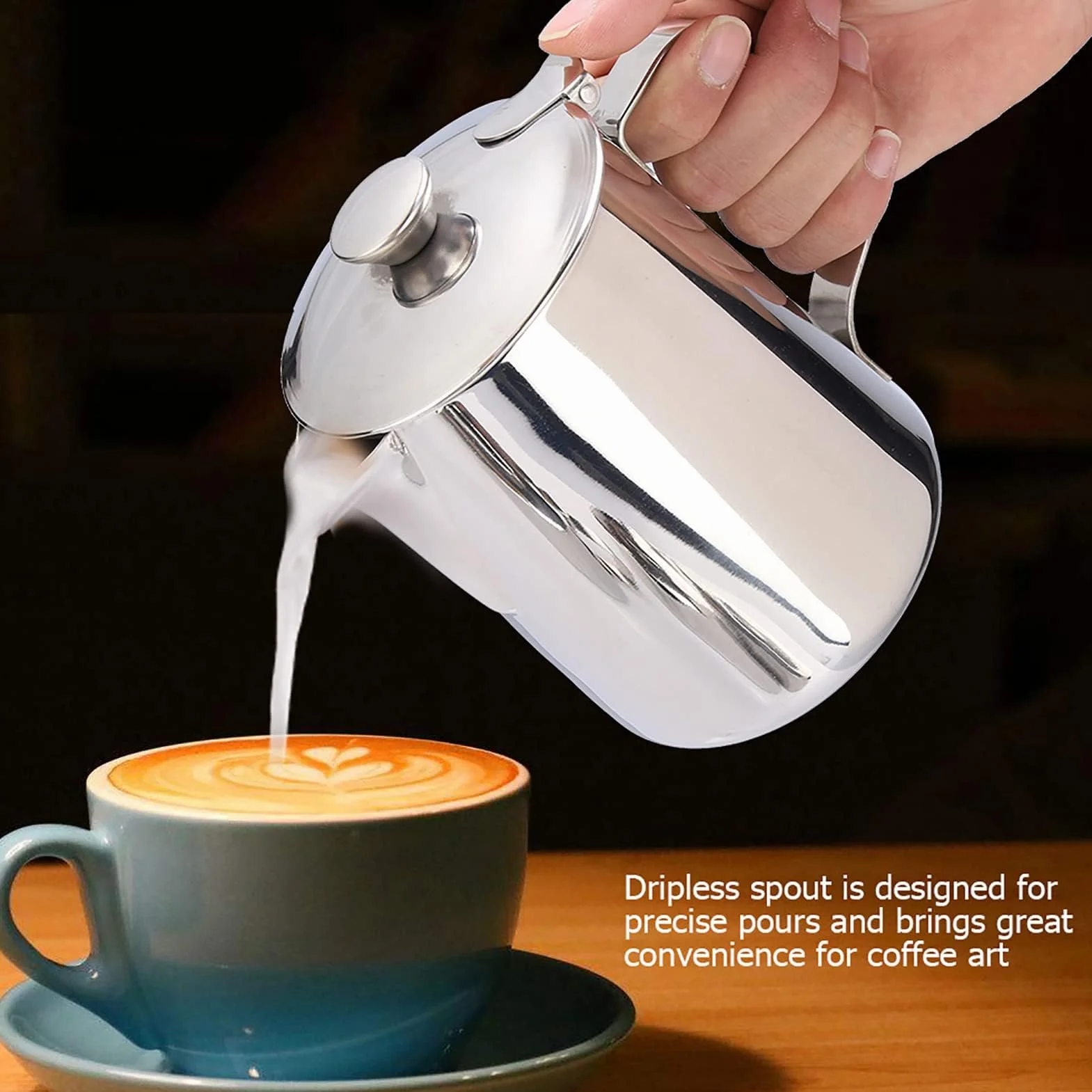 Jarra de Leche de Acero Inoxidable con Tapa para Capuchino, Café y Té (1000ML)