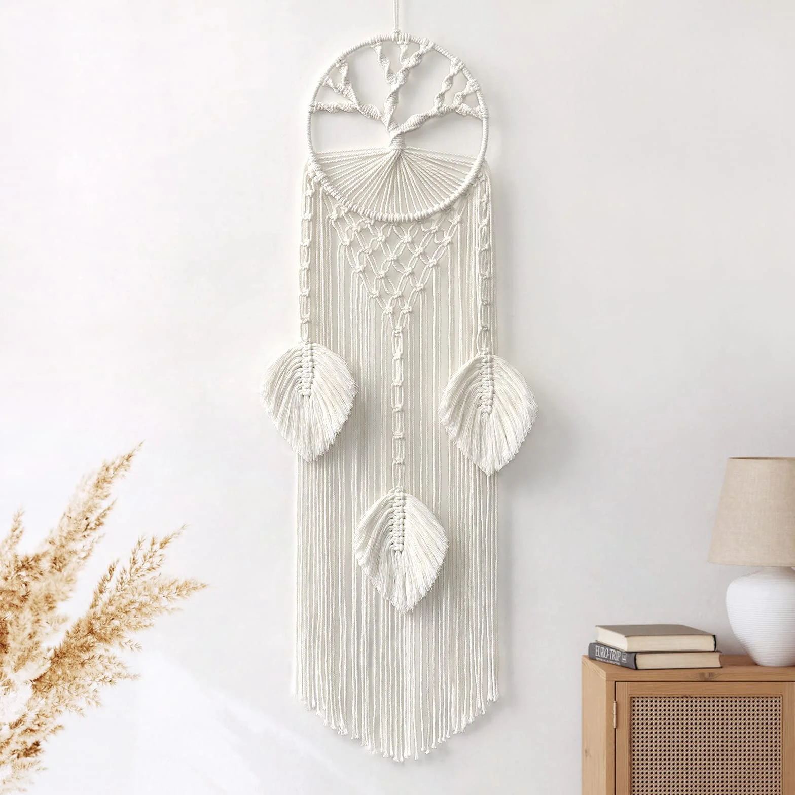 LOMOHOO Árbol de la Vida Atrapasueños Macramé Colgante de Pared Bohemio con Hoja de Plumas