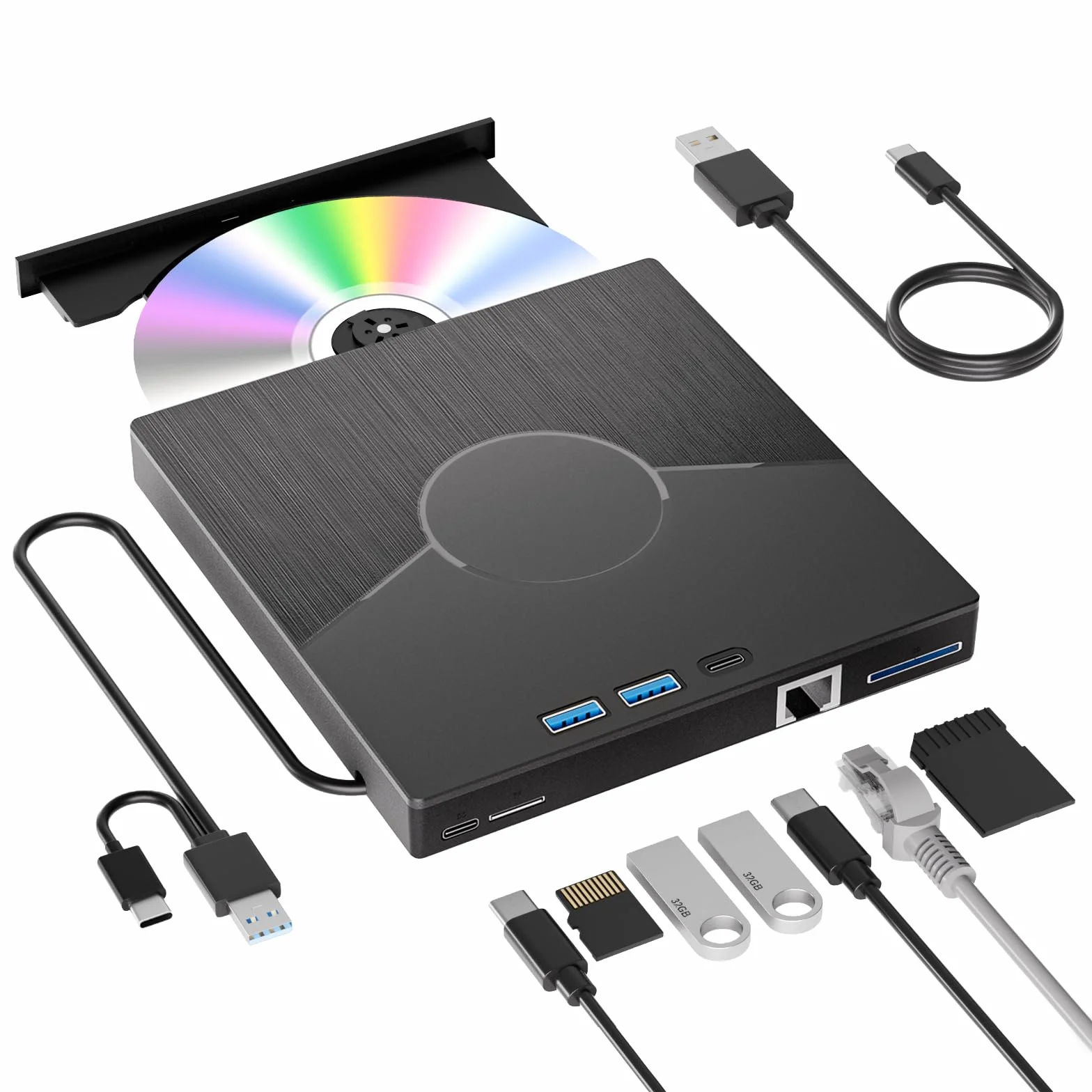 Unidad de CD externa 7 en 1 para portátil, USB 3.0 y CD Rom tipo C para portátil con interfaz Ethernet, 3 USB y tarjeta SD/TF, lector de CD externo USB para escritorio/Windows/Linux/Mac OS