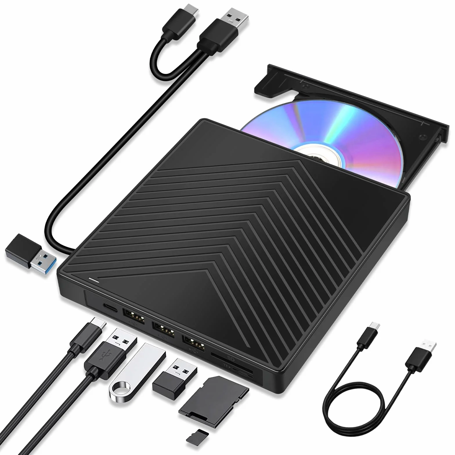 7 en 1 Lector CD DVD Externo para PC Windows 11 10, USB 3.0 y Tipo-C CD portátil DVD +/-RW ROM Lector grabadora con ranura SD/TF, 4 puertos USB y USB-C, reproductor de DVD delgado para Linux, Mac OS