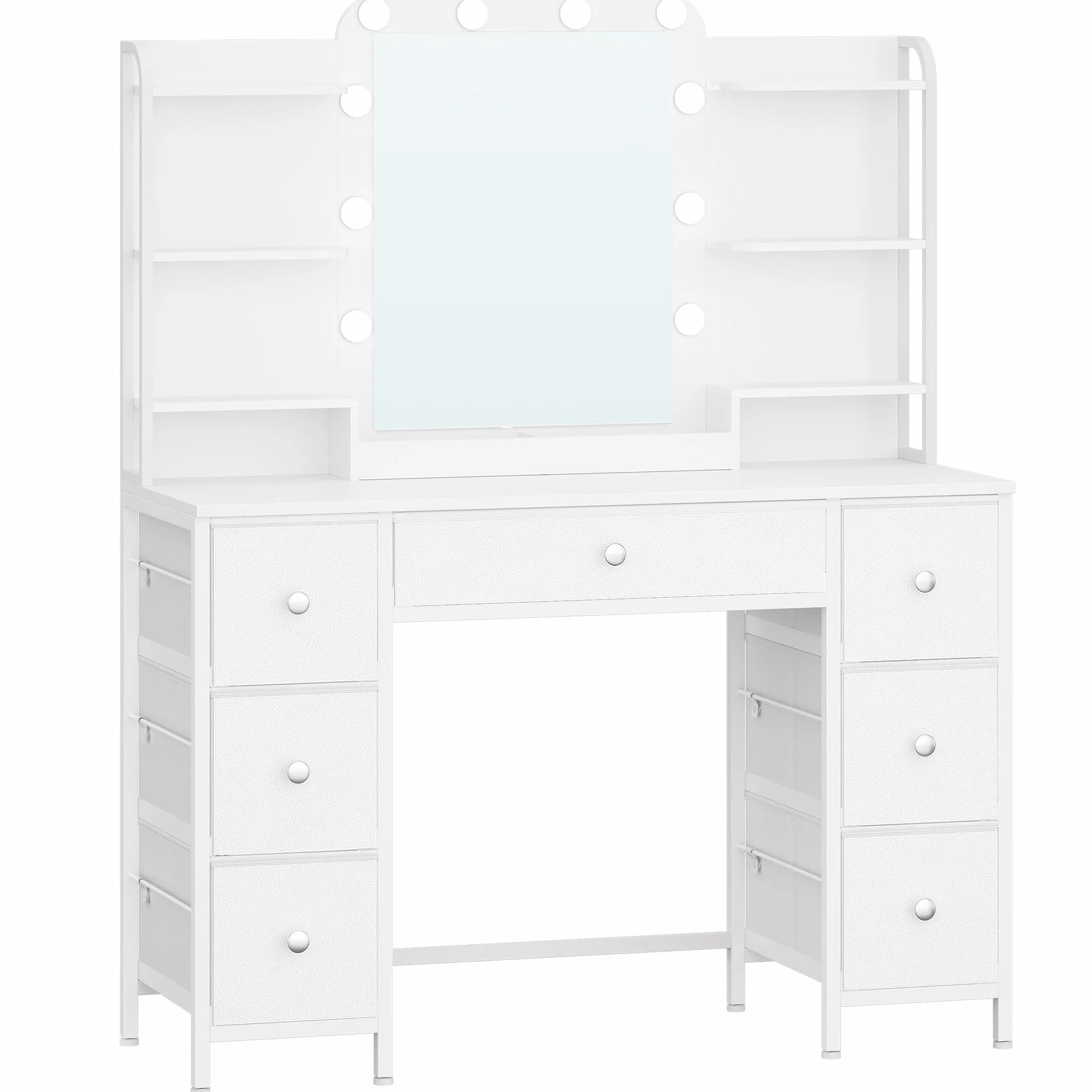 Tocador de Maquillaje con Iluminación LED, 108 cm, Espejo Grande HD, 7 Cajones, Blanco Moderno
